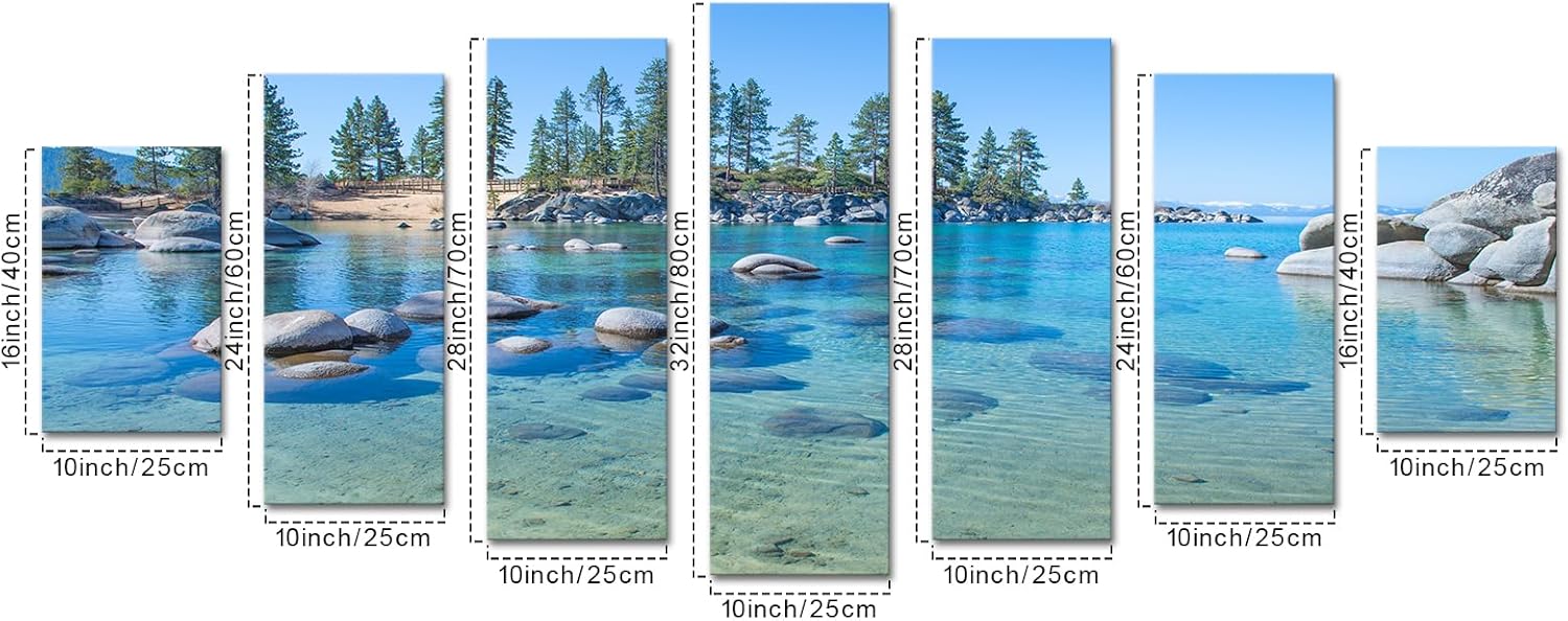 iKNOW FOTO 7-Piece Canvas Wall Art - Lake Tahoe Shoreline with Beautiful Blue Water - Stretched and Framed Nature Prints, Ready to Hang Modern California Landscape for Home Decor 70x32'' - Image 7