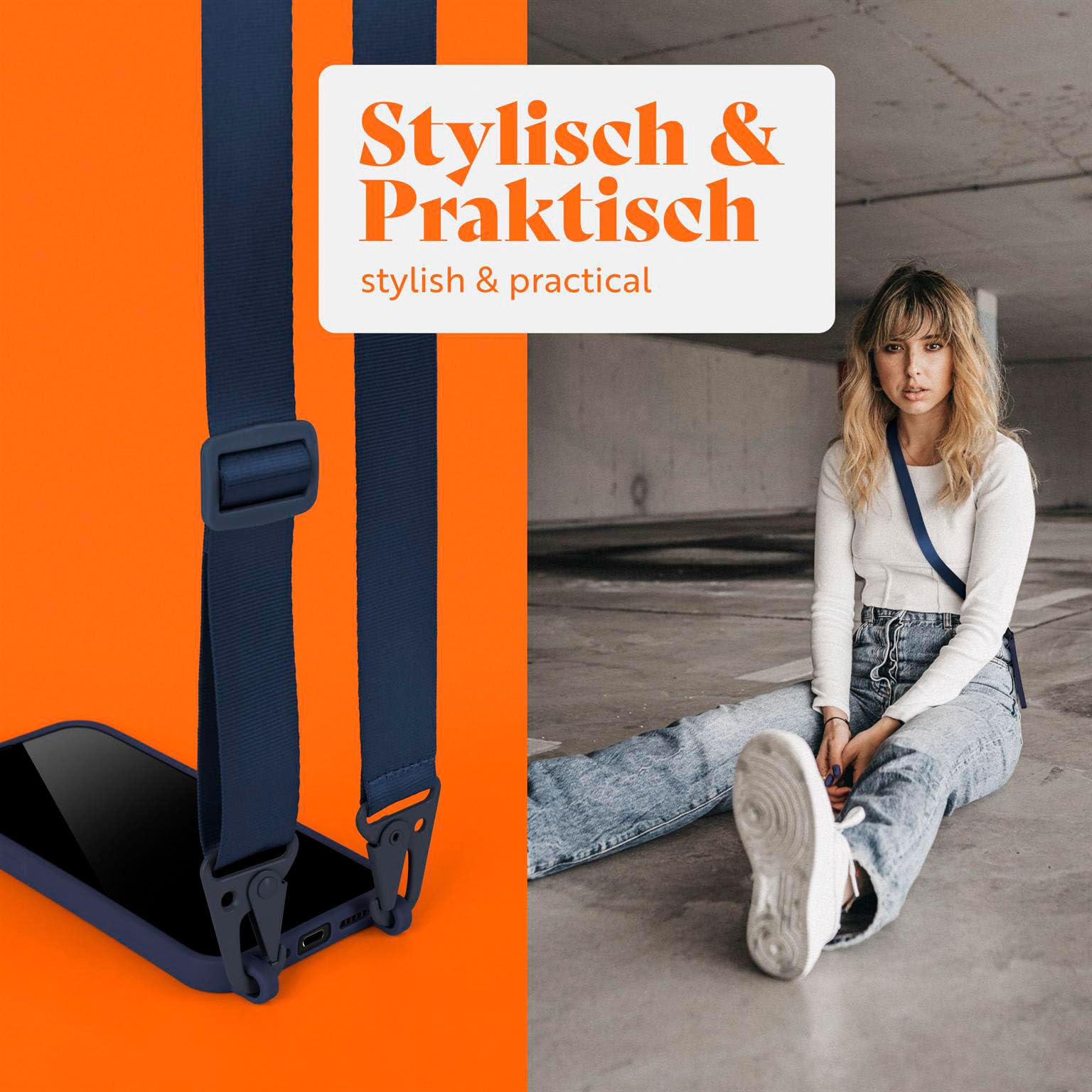 moex Hover Cover etui na telefon komórkowy iPhone 16 Pro, z szerokim paskiem, etui z paskiem do zawieszenia, zdejmowany nylonowy łańcuszek z karabińczykiem, stylowy i bardzo wytrzymały – granatowe