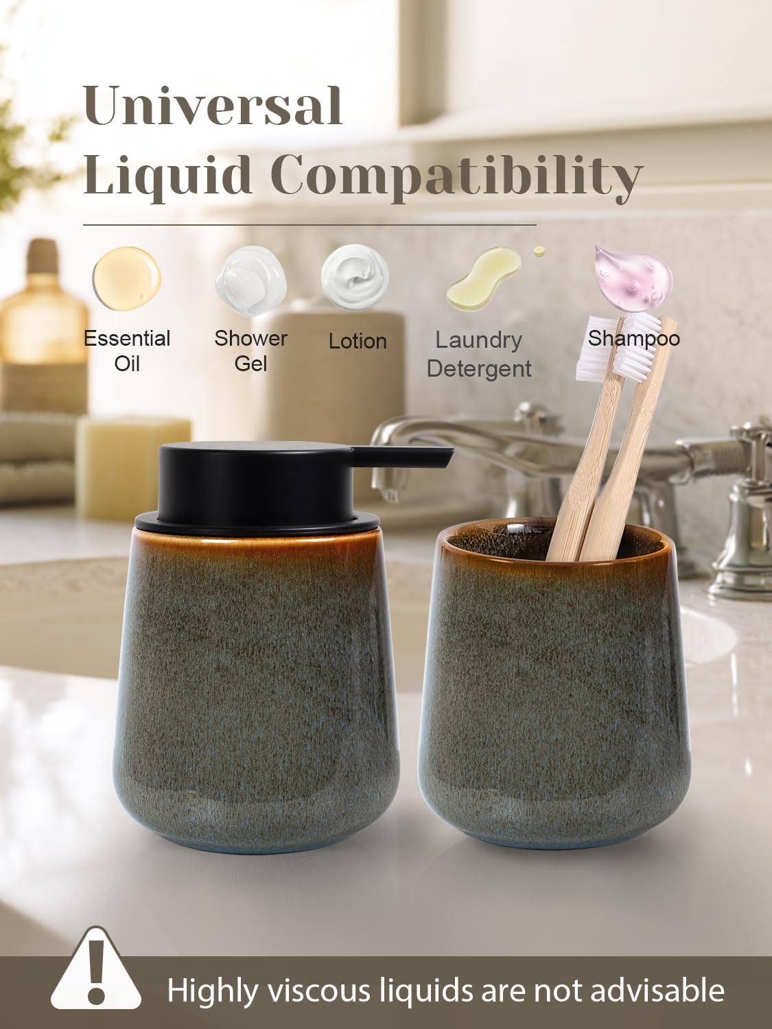INGOFIN Dispenser per lozione in ceramica, 350 ml, ricaricabile, dispenser di sapone liquido da bagno, moderno dispenser di sapone liquido con pompa, dispenser di sapone per piatti per cucina