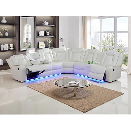 Dekmxas Power Sectional Reclining Sofa Set,Living Room Furniture Sets,White Leather Sectional Corner Recliner Sofa Set with 2 Recliner Seats/Cup Holders/LED Light/USB Port for Home