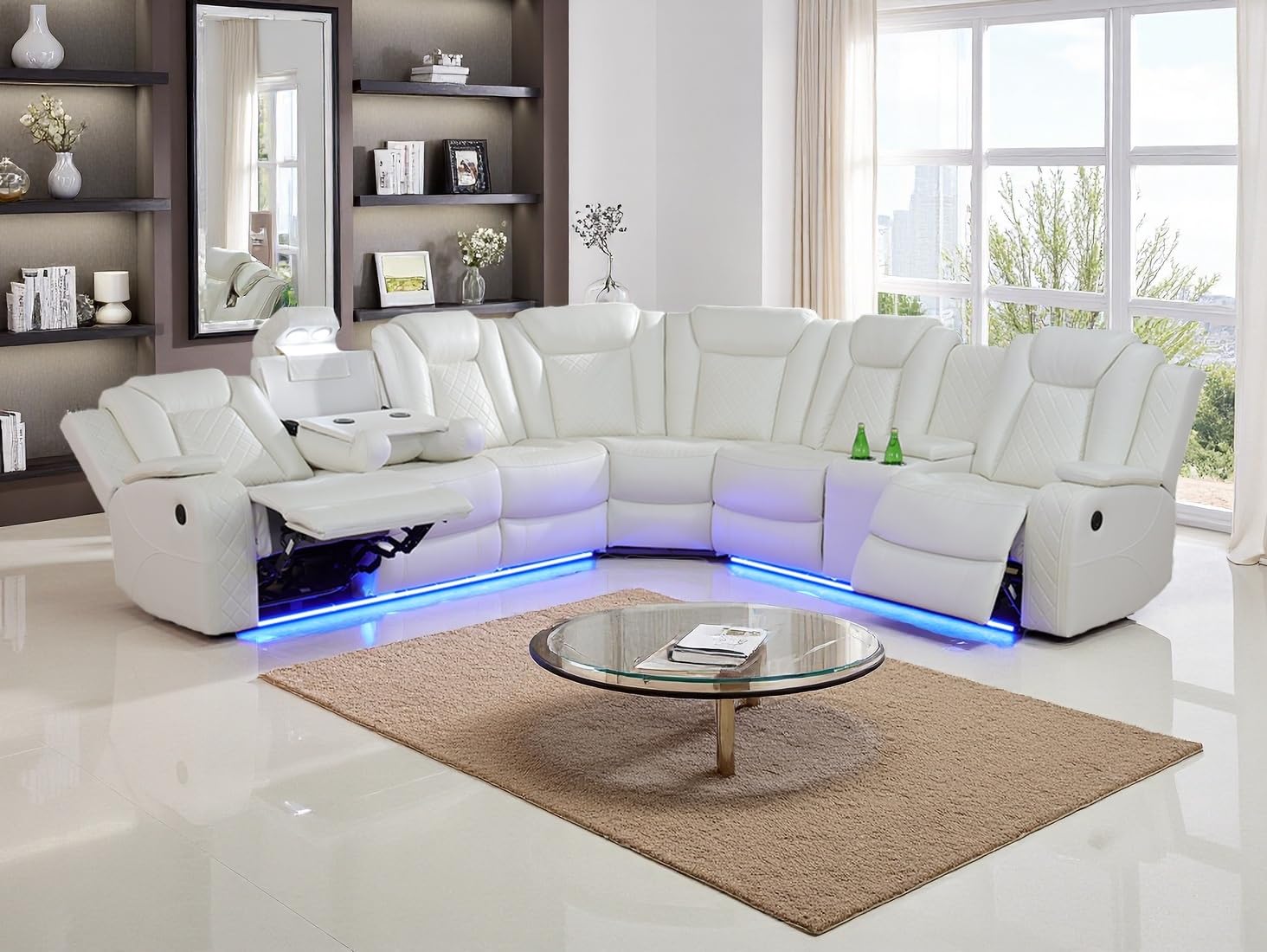 Dekmxas Power Sectional Reclining Sofa Set,Living Room Furniture Sets,White Leather Sectional Corner Recliner Sofa Set with 2 Recliner Seats/Cup