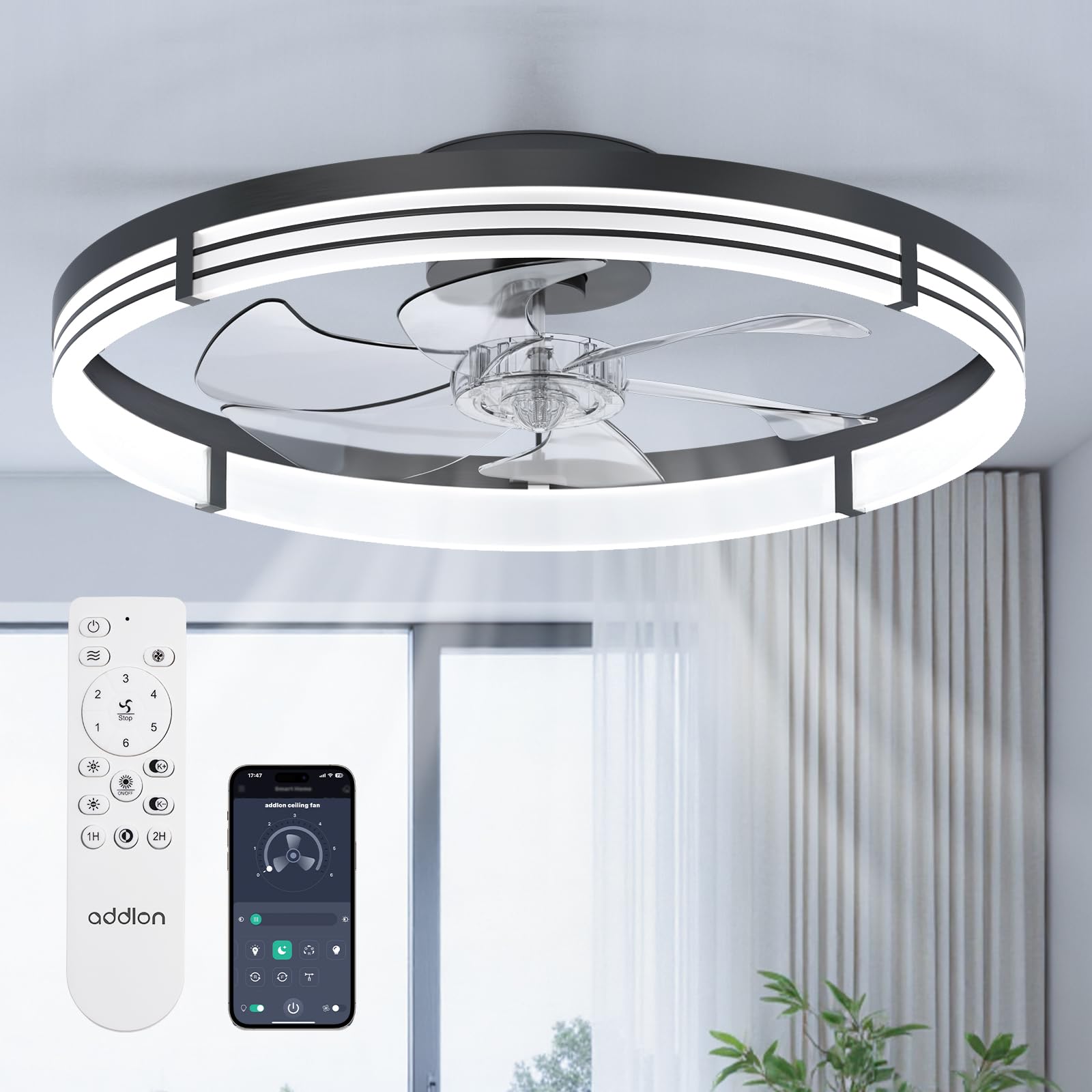 addlon 24" Low Profile Fandelier Ceiling Fans with Lights and Remote, Black