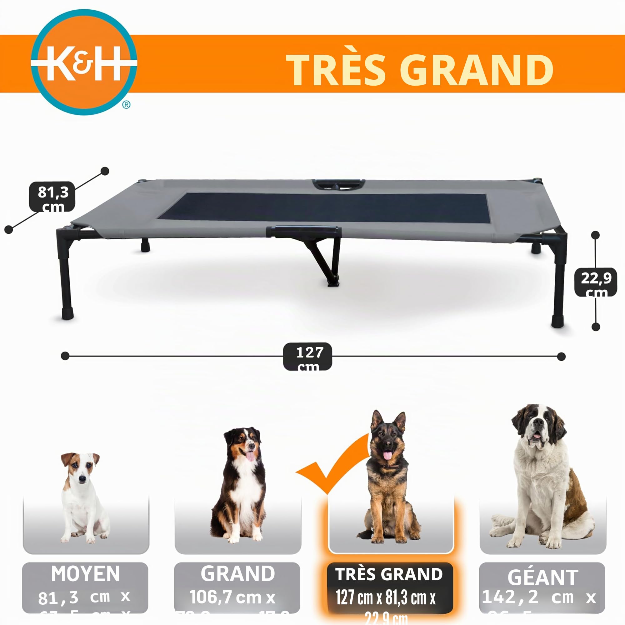K&H Pet Products Lit surélevé, rafraîchissant pour Chiens, avec Maille Respirante Lavable, Pieds en Caoutchouc antidérapant, lit Portable pour intérieur et extérieur, Maille Gris/Noir, Taille XL