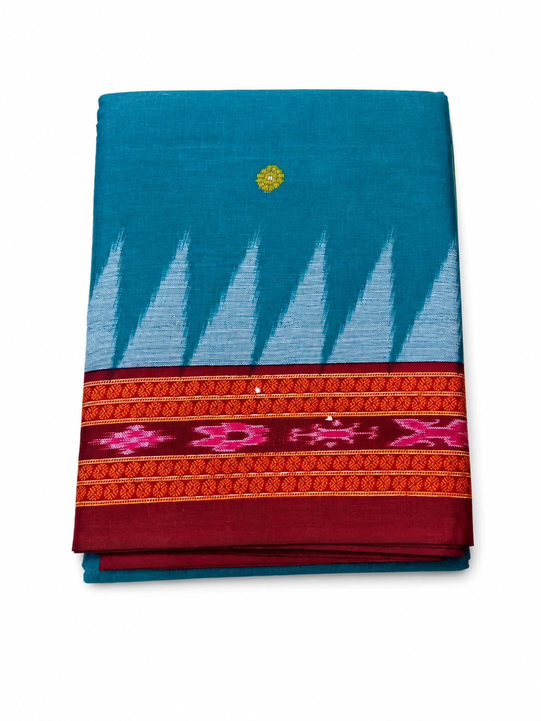 Sambalpuri handloom Ikat Teal Cotton Dhoti with Ikat Border, Traditional Woven Design, Teal and Maroon, 5+2.5m-image-26