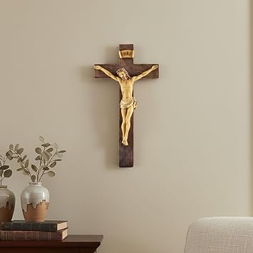 PlentifulHome Jesus Crucifix Wall Cross Catholic – Hand Painted Big Wood Textured Resin Vintage Christ Nailed on The Cross Modern Door Hanging Decor Religious Gift – 24.5 cm Tall