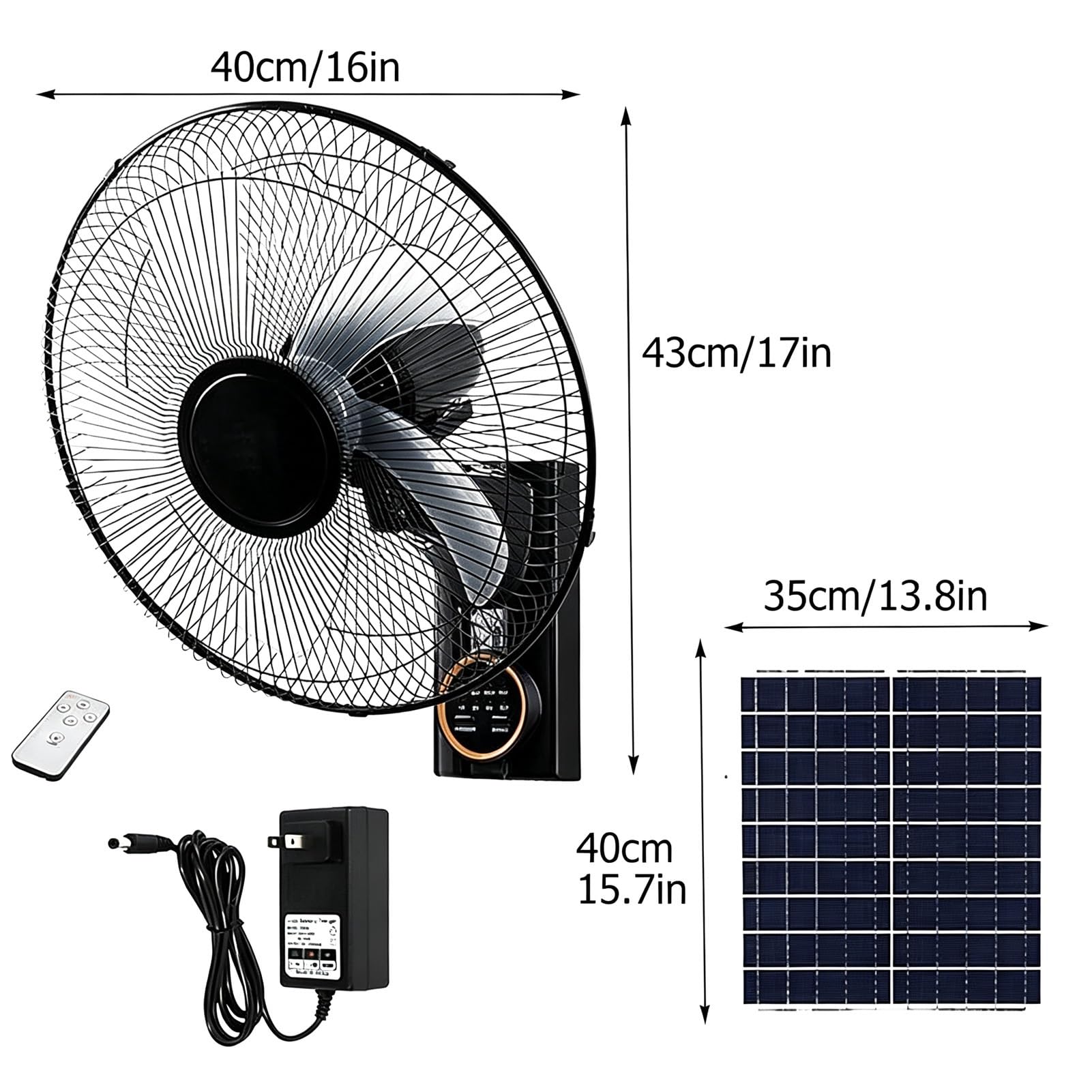 Ventilatore da Parete Energia Solare con 5 Pale Rotanti 40cm per Esterno | Motore Potente E Silenzioso, 3 Velocità, Inclinazione 28° e Oscillazione 90°, Telecomando e Timer, Garage Serra