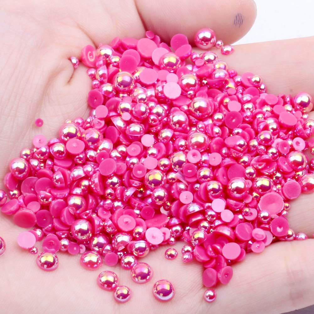 Mixed Size 2/3/4/5/6mm 1000Pcs Imitation Pearls Bead Half Round Flatback Pearl Rhinestones Beads Nail Art Crafts DIY Gem Decoration (10 Rose Red AB)