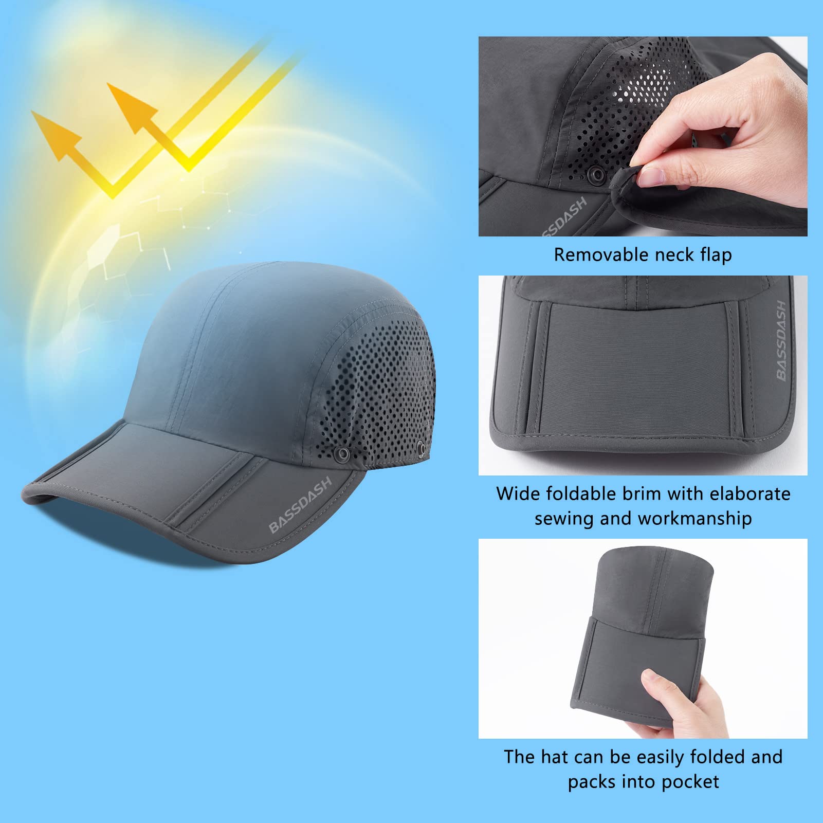 Bassdash UPF 50 + Gorra de Pesca Plegable Gorra de béisbol, con Tapa de Cuello extraíble, portátil, Adecuada para Senderismo de Golf Masculino y Femenino