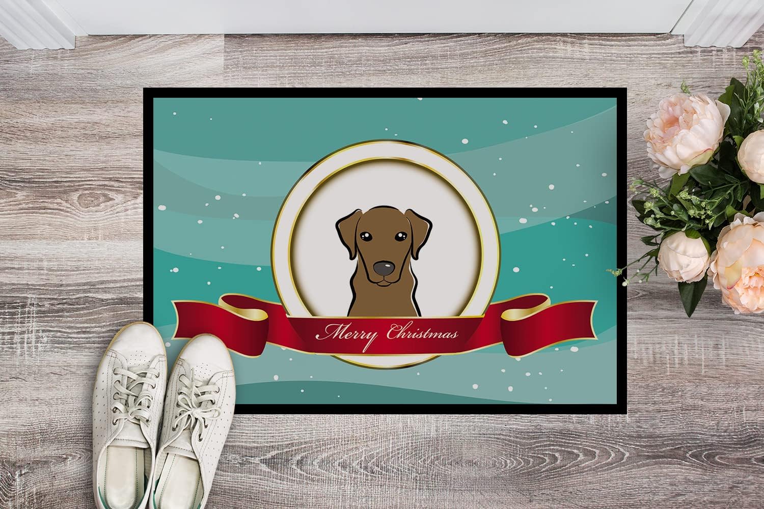 Caroline's Treasures BB1544MAT Chocolate Labrador Merry Christmas Doormat 18x27 Front Door Mat Indoor Outdoor Rugs for Entryway, Non Slip Washable Low Pile, 18H X 27W