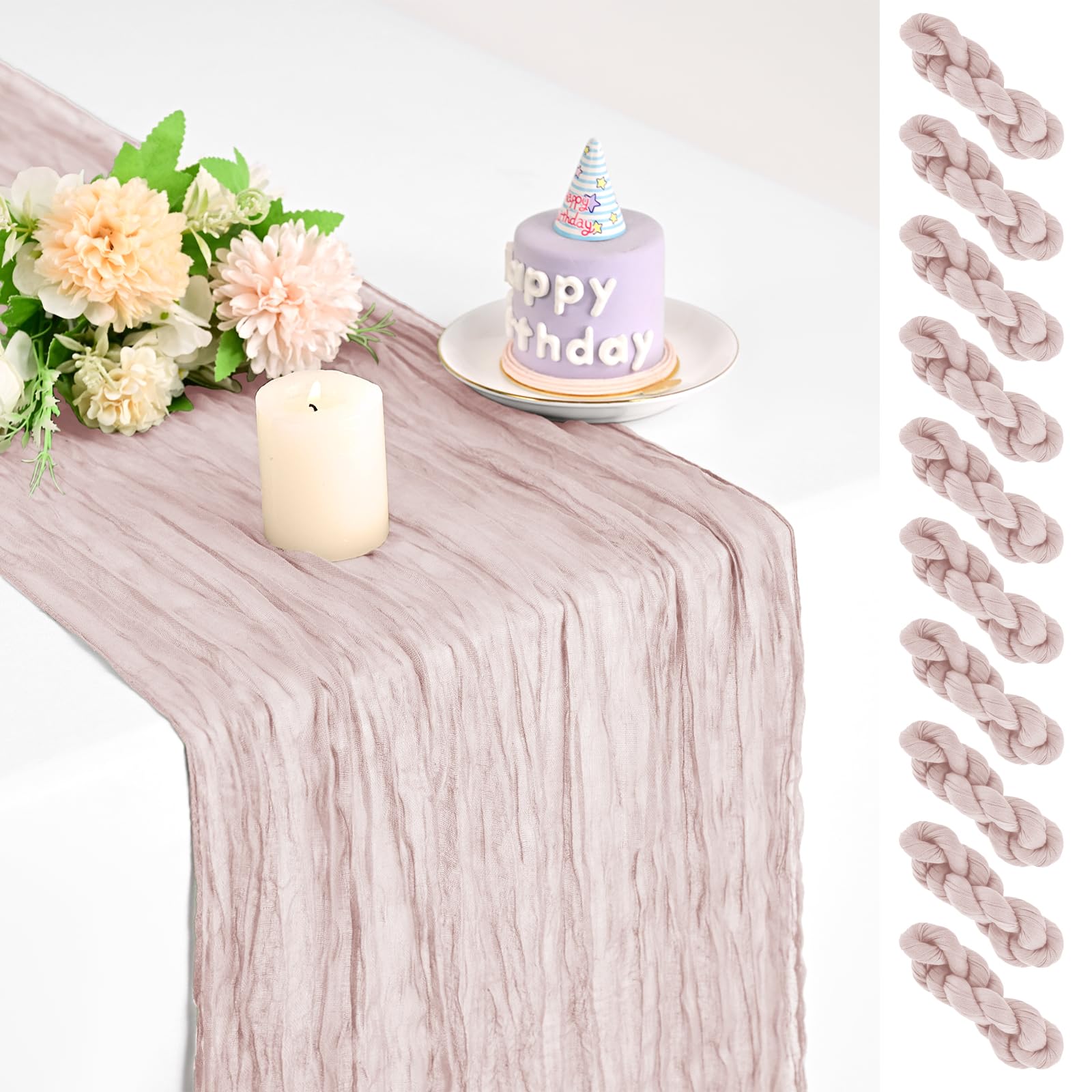 Teruntrue 10 Pack Pink Cheesecloth Table Runner 17x108 Inch, Boho Gauze Sheer Fabric Cheese Cloth Table Runners for Wedding Party Bridal Shower Birthday Home Decor Garden Farmhouse