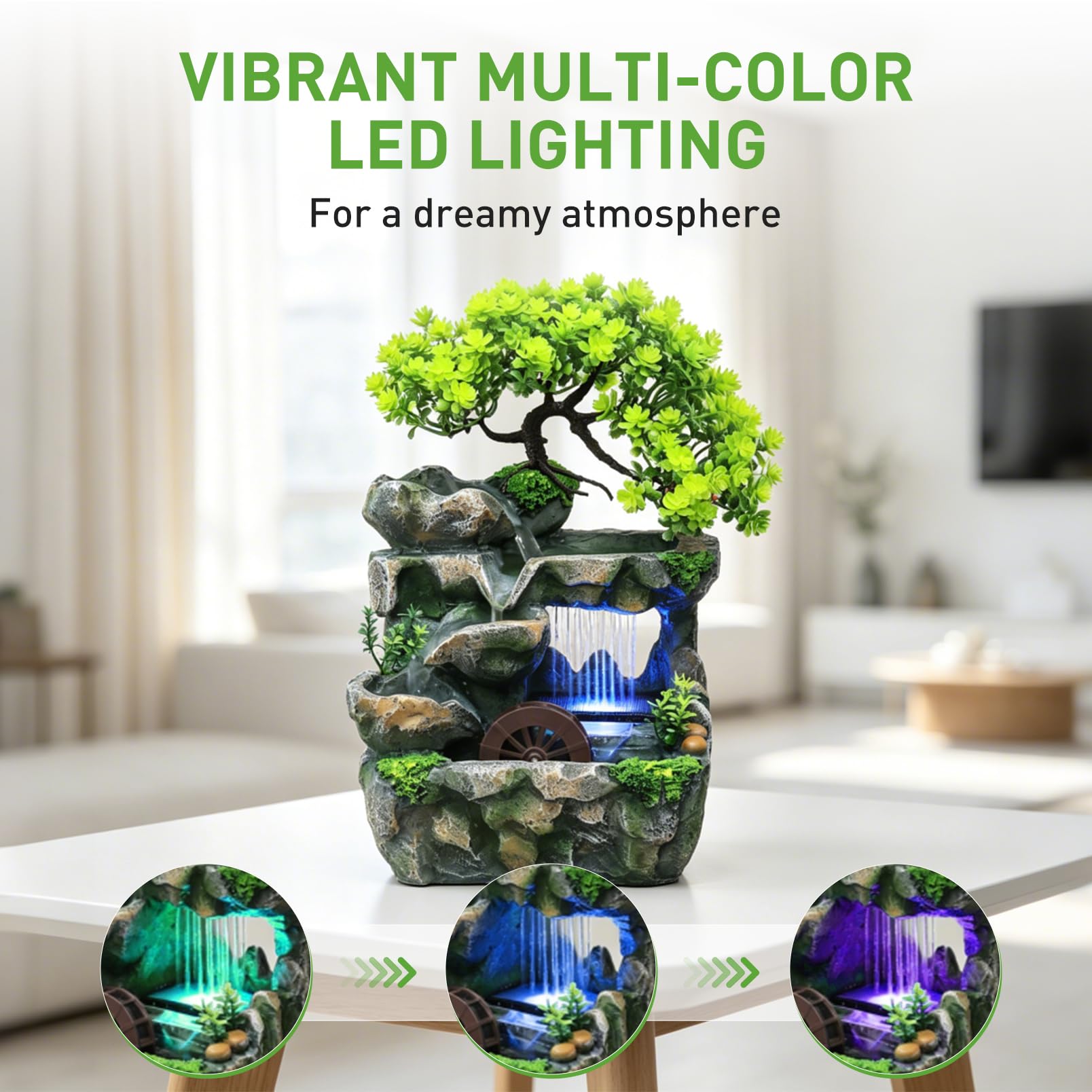 Zimmerbrunnen, Tischbrunnen mit LED Farbwechsel, Wasserfall Zimmerbrunnen mit Feng Shui Rad, Leise Tauchpumpe, Tischbrunnen Deko für Wohnzimmer Büro Schlafzimmer, Luftbefeuchtend 18x15x30 cm
