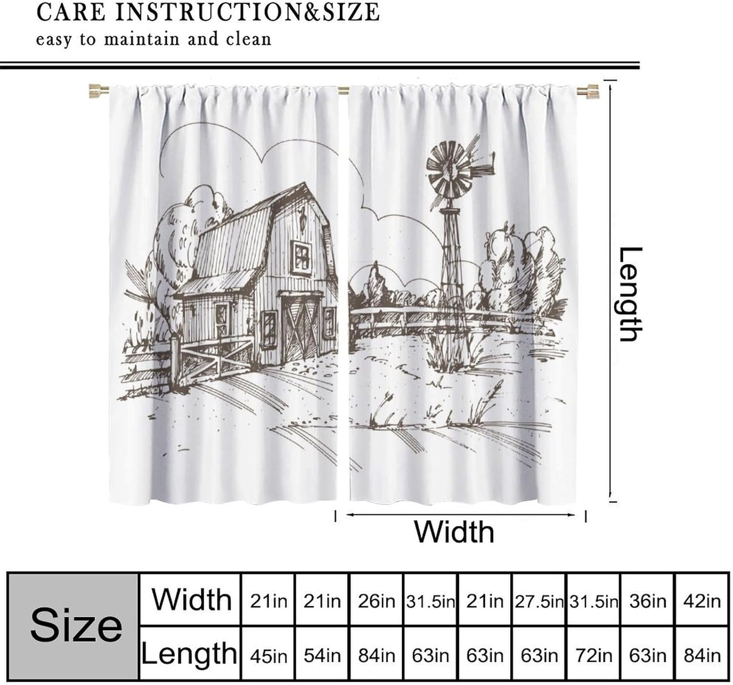 Windmill Farm Blackout Curtain, Rustic Barn Farmhouse Hand Drawn Illustration Countryside Rural Meadow, Bedroom Living Room Kitchen Decor ，Dark Brown and White 42" W X 45" L