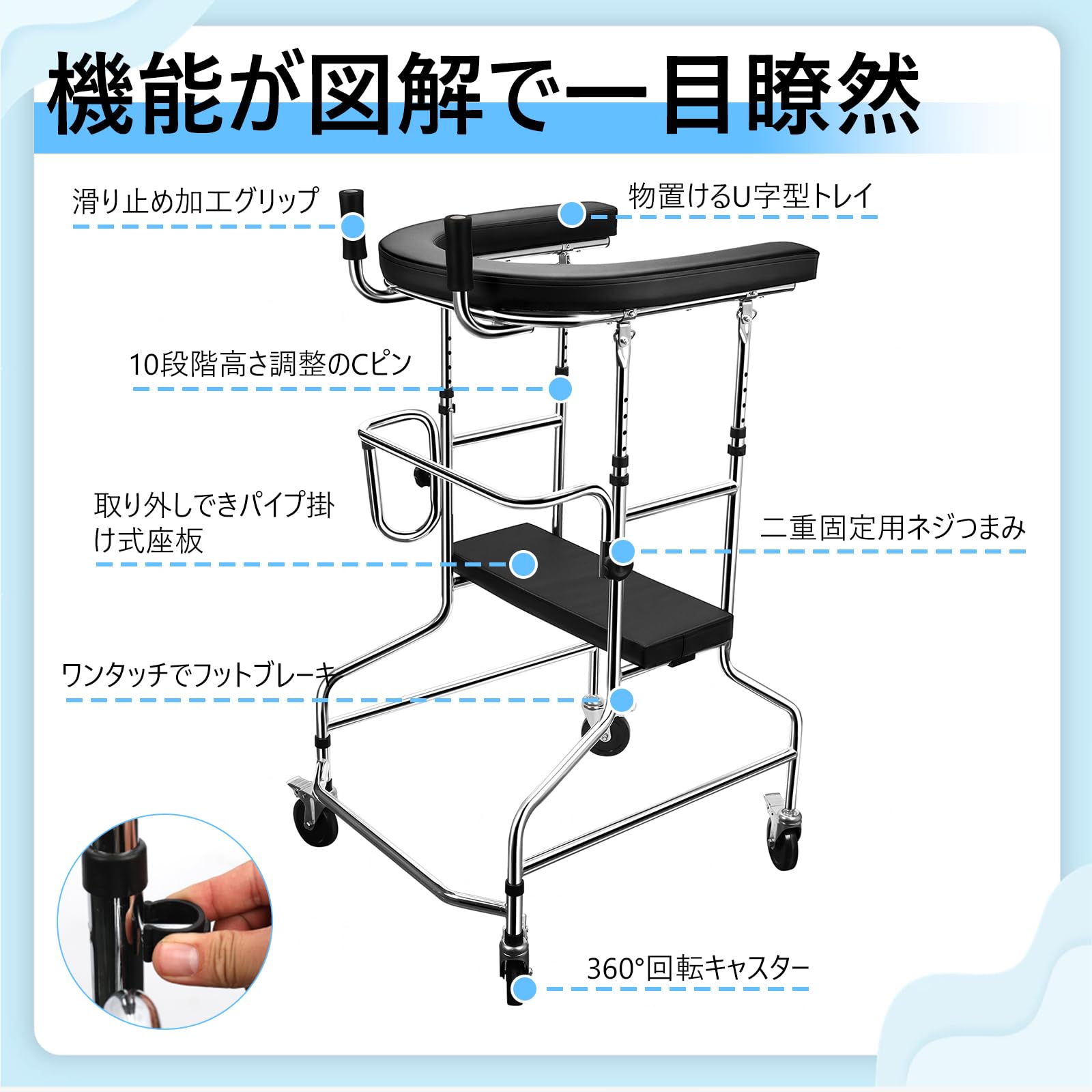 Amazon | Verocis 歩行補助具 折りたたみ式歩行器 大人歩行具 U型4輪