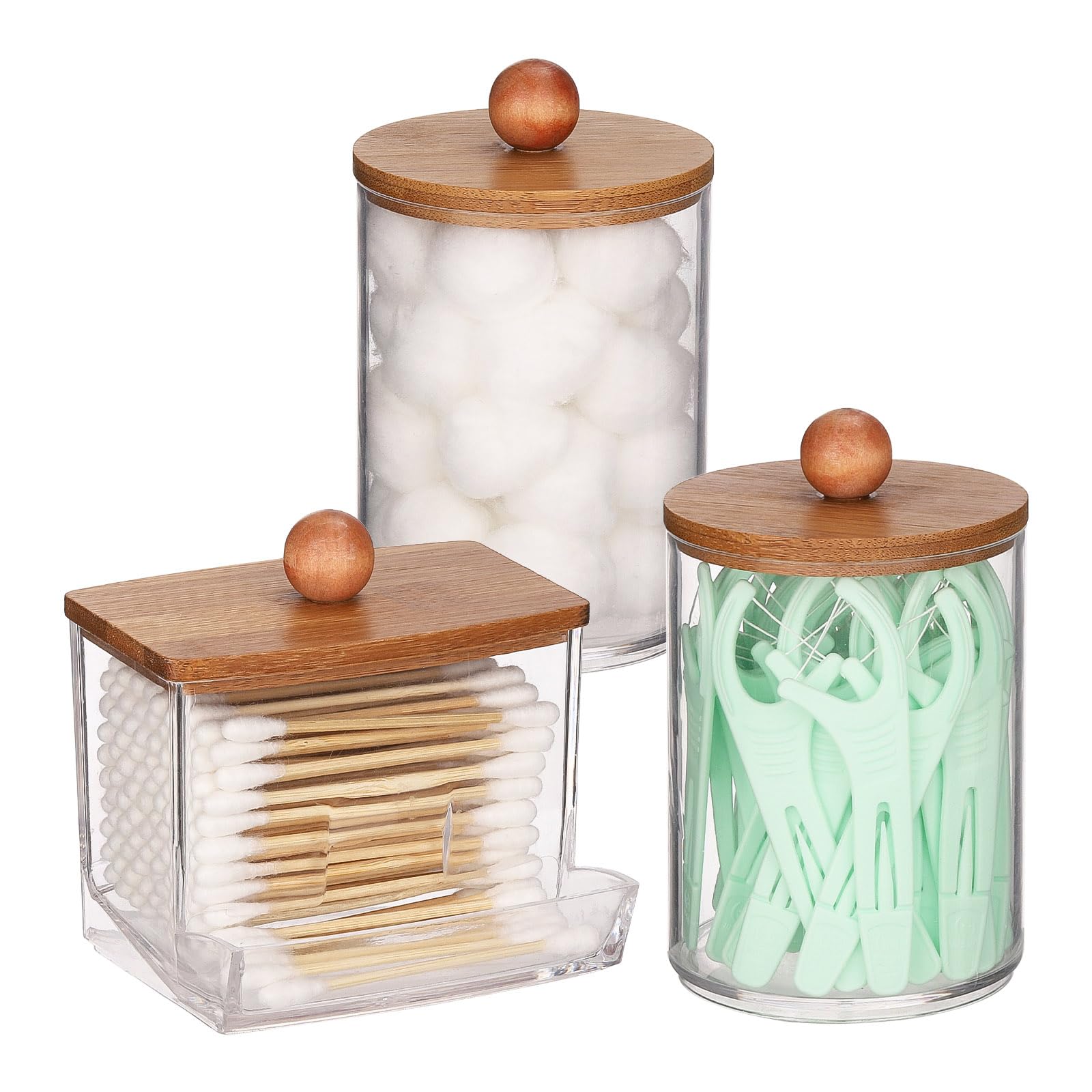 Tbestmax Qtips Holder Dispenser, 10/7 oz Cotton Ball/Swabs Storage Containers, Apothecary Jars for Bathroom Organizer Bambooo Lids