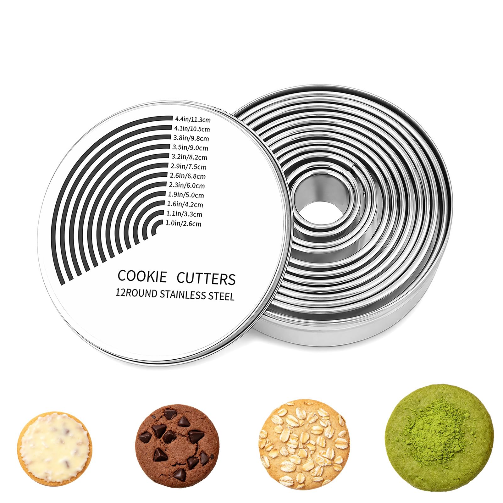12 Pcs Round Cookie Cutter Set, Stainless Steel Pastry Cutters, Round Cookie Cutter, Suitable for Baking, Cakes, Doughnuts, Pastries and Dough, Durable Metal Baking Moulds with Scalloped Edges