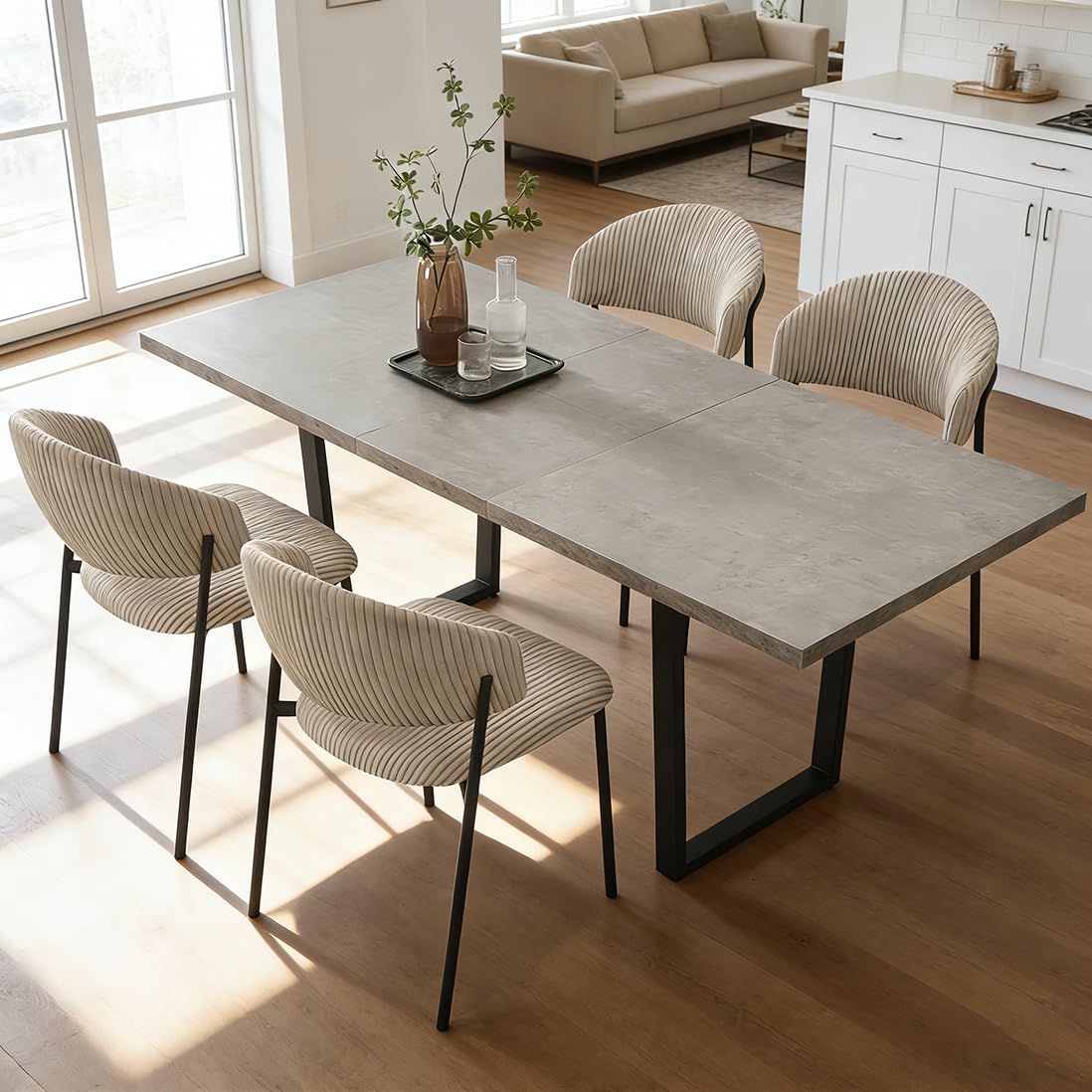 JIEXI Juego de 4 mesas de Comedor Extensibles de 130 x 170 cm, 4 sillas de Pana, Tablero Rectangular de MDF de Cemento, Estilo Moderno y contemporáneo para Comedor y Cocina