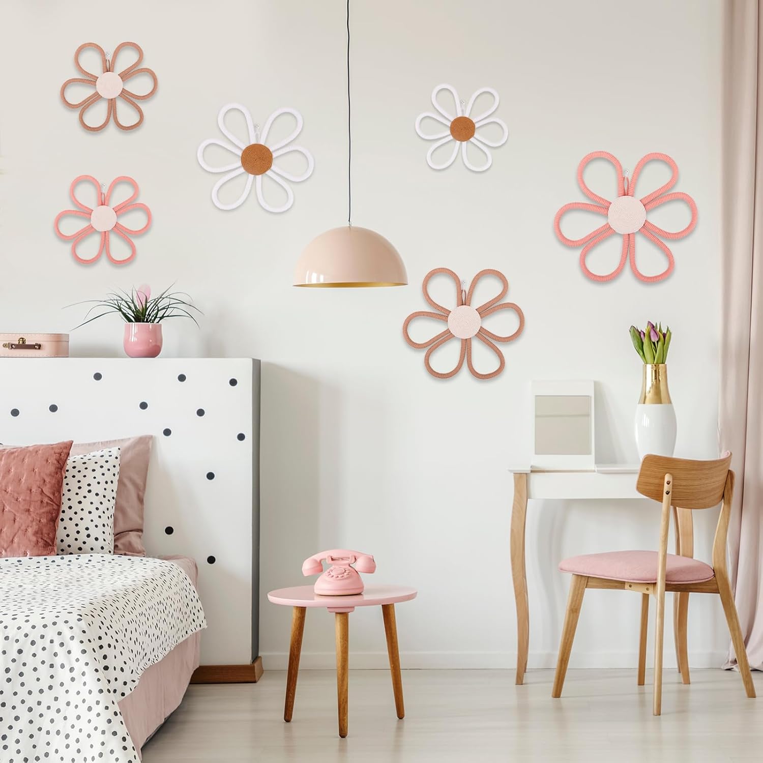 Zealor 6PCS Boho Nursery Decor Daisy Flower Wall Art Decor 8/10/12 Inches Woven Macrame Wall Hanging Boho Daisy Flower Floral Pediments Bohemian Nursery Decoration for Home Dorm Bedroom Farmhouse