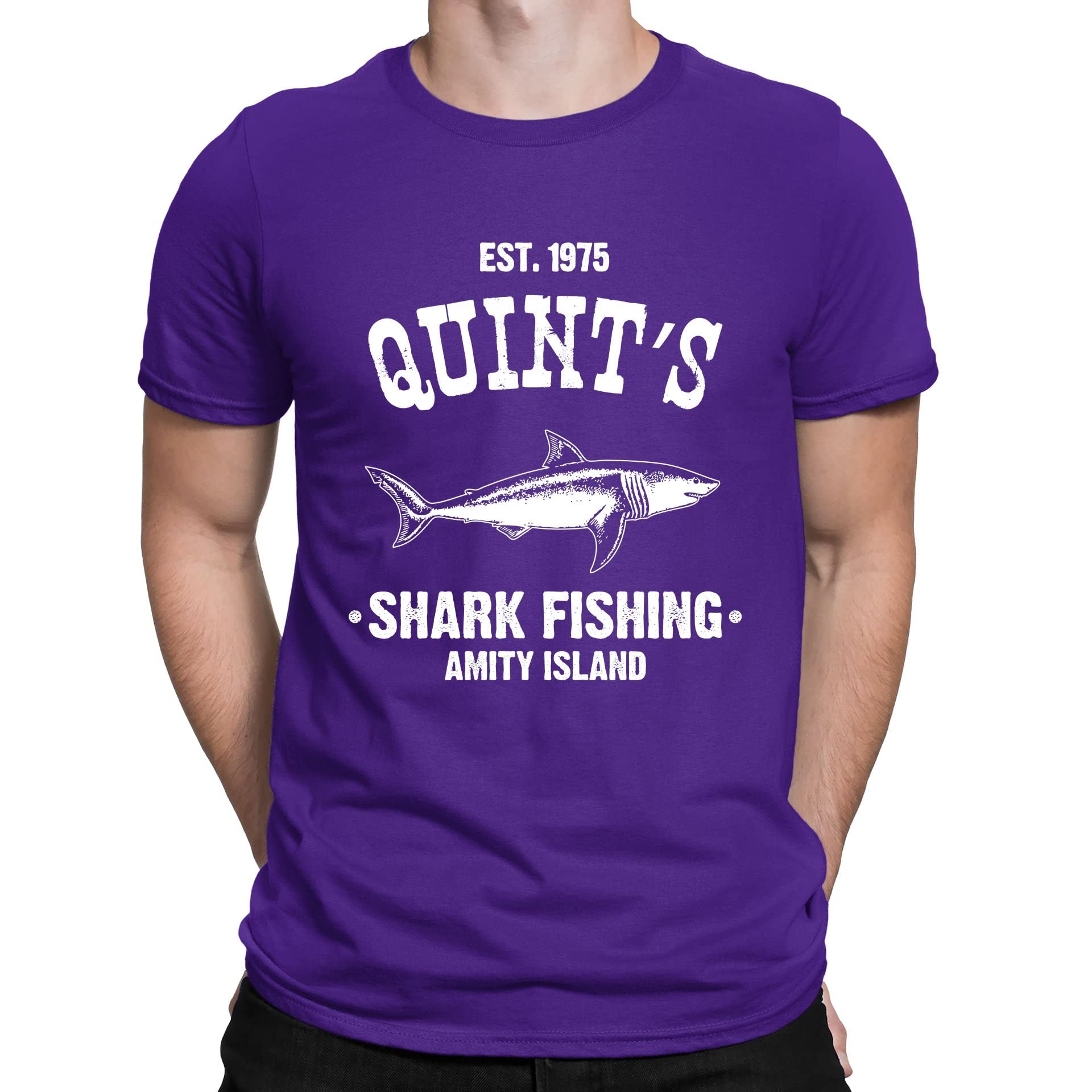 Mens Quints Fishing Shark Jaws Inspired Amity Cult Movie T-Shirt Purple (S)
