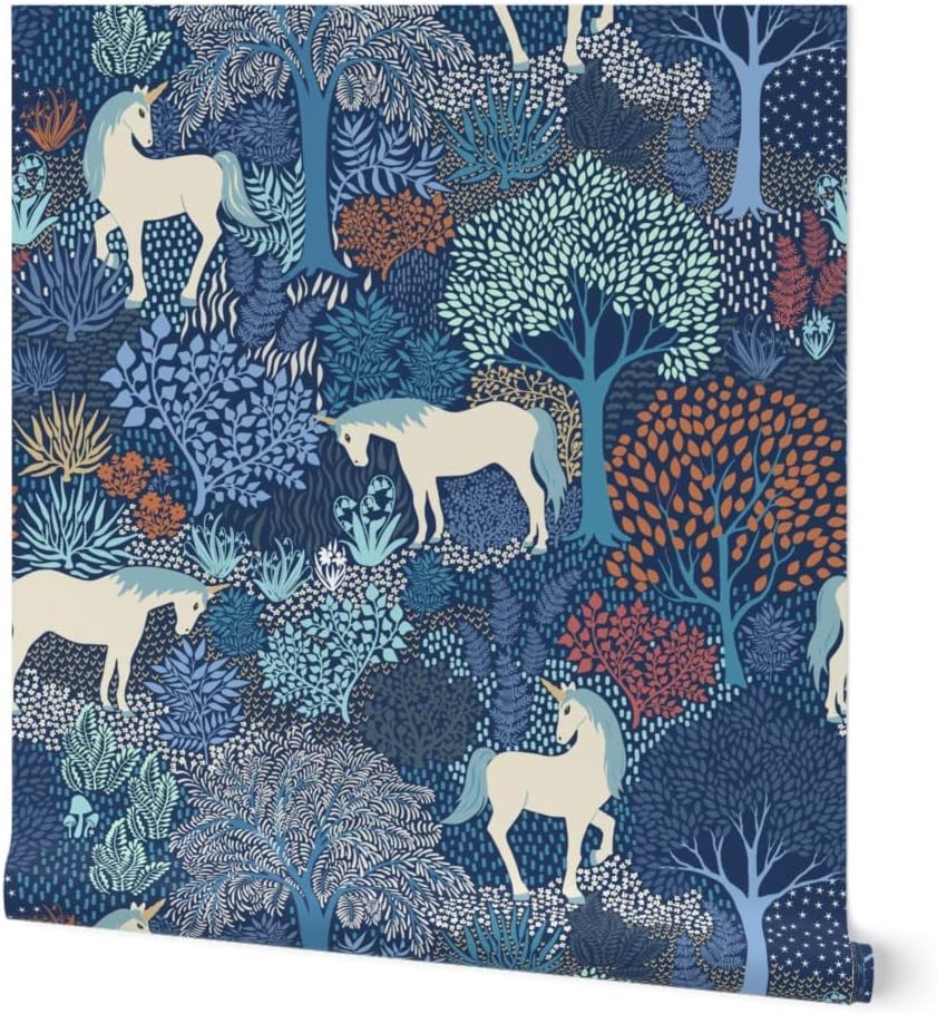 Peel & Stick Wallpaper Swatch - Unicorn Magic Woodland Fairy Tale Blue Cream Large Scale Fantasy Custom Removable Wallpaper by Spoonflower