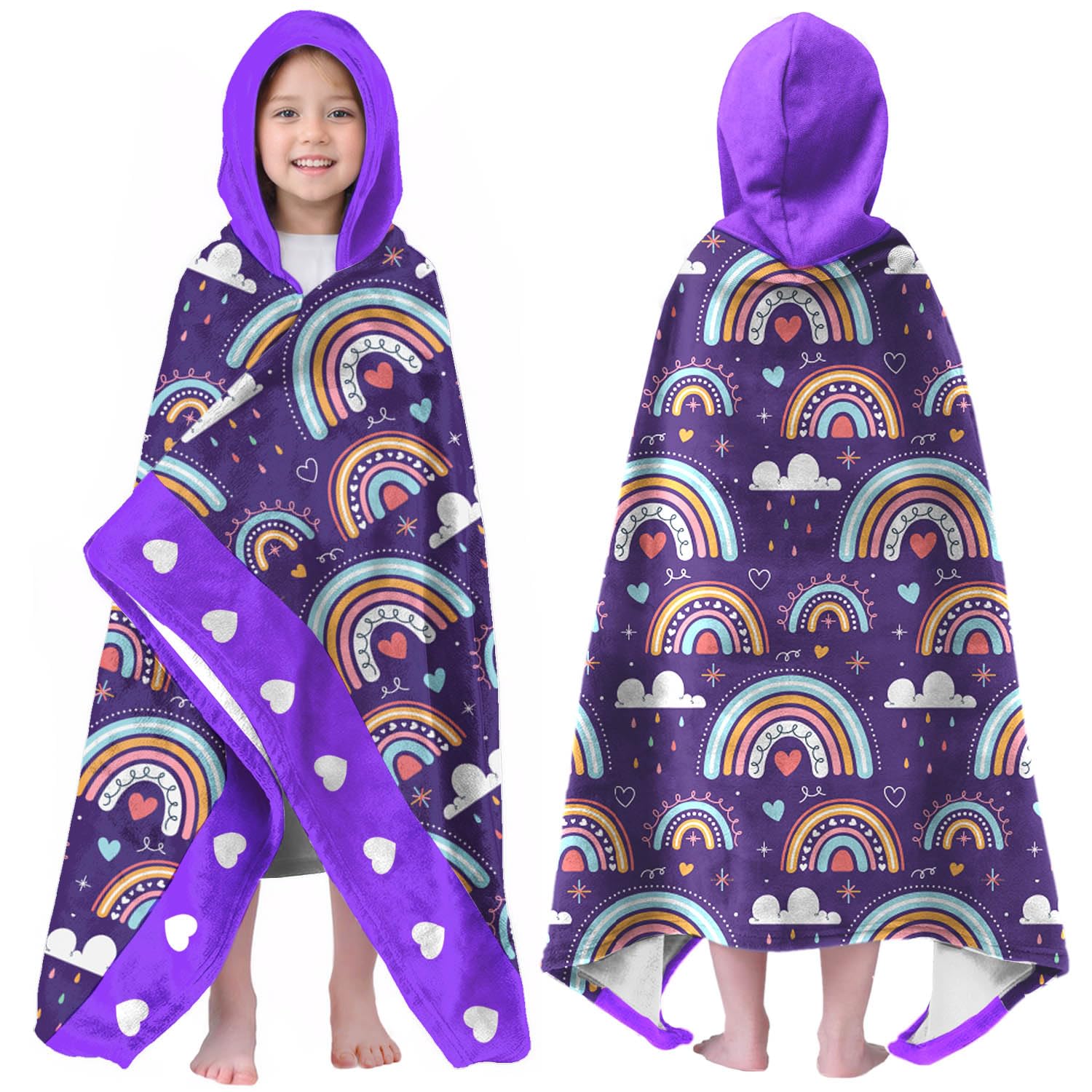 Rainbow Print Hooded Beach Towel for Kids, 35x60 in Bath Swim Wrap, 01