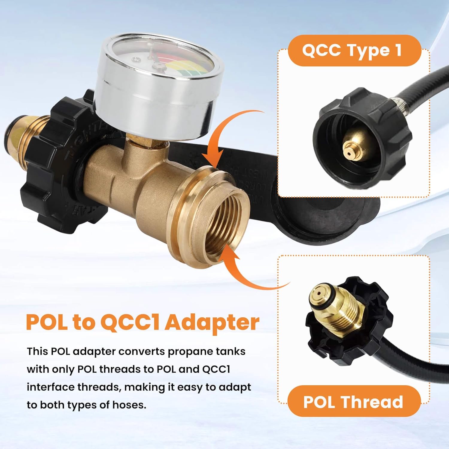 100 lb Propane Tank Gauge Adapter Converts POL LP Tank Valve to QCC1, Upgrade Propane Gauge for 100 lb Tank, POL to QCC1 Propane Tank Adapter for Heater, BBQ Gas Grill - Old to New Type, 3 Pack