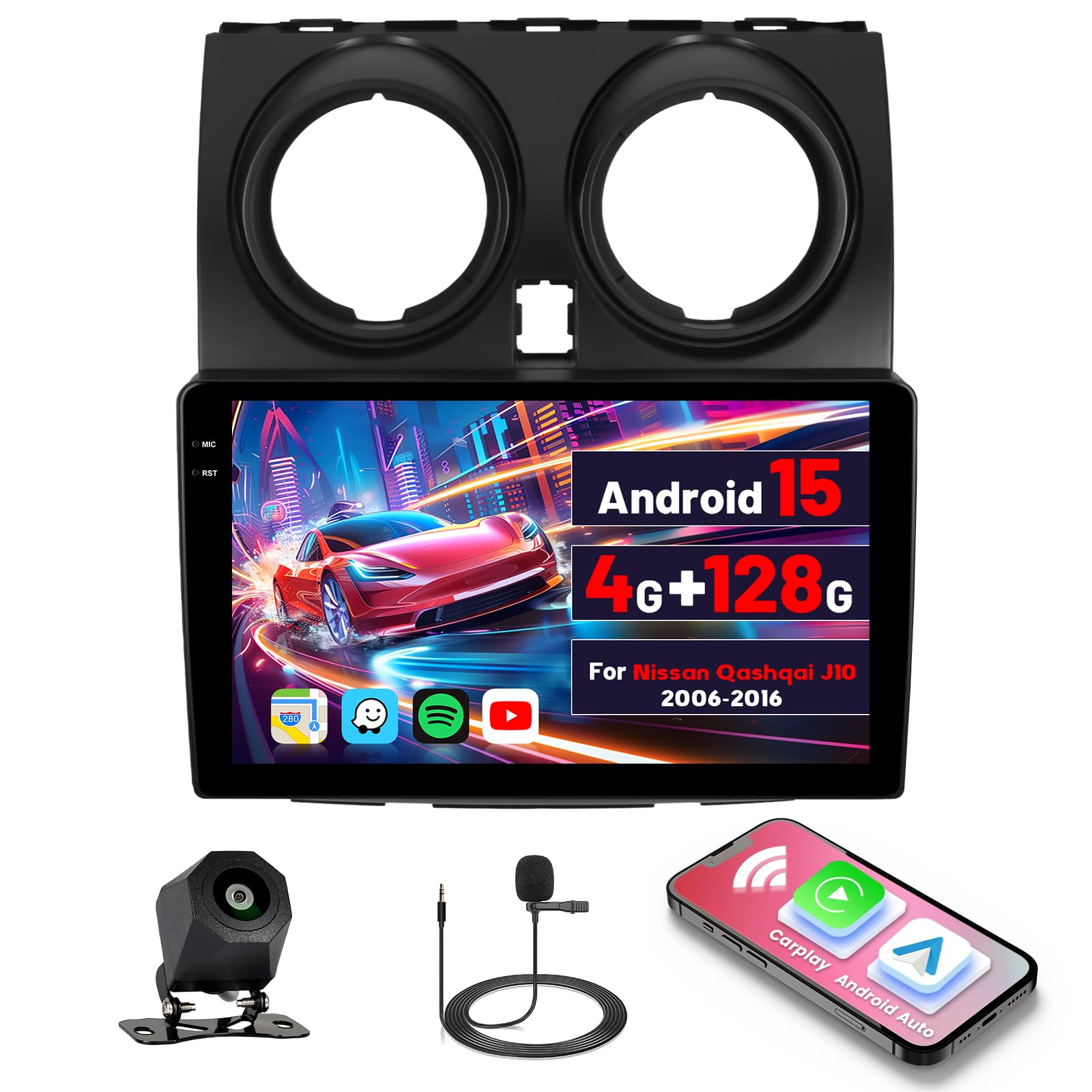[4G+128G] Inefala Android 15 Autoradio pour Nissan Qashqai J10 2006-2016 avec Wireless Carplay Android Auto, 9" écran Tactile Poste Radio Voiture Bluetooth avec GPS WiFi RDS/FM Caméra de Recul & Mic