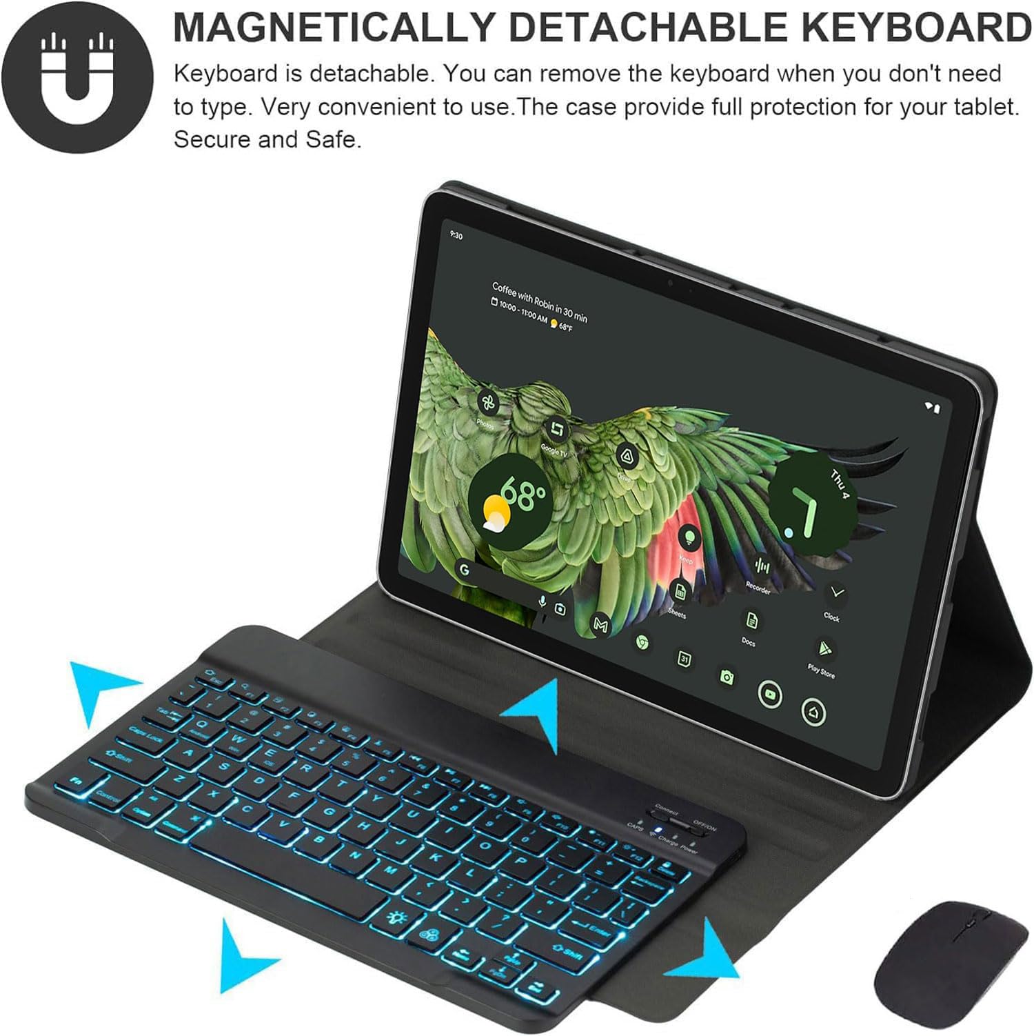 HEKUEUN Case with Keyboard for Google Pixel Tablet 11 inch 2023, Mouse and 7 Color Backlight Detachable Bluetooth Keyboard Cover Ultra-Thin PU Leather Case with Stand Support Charging Speaker Dock