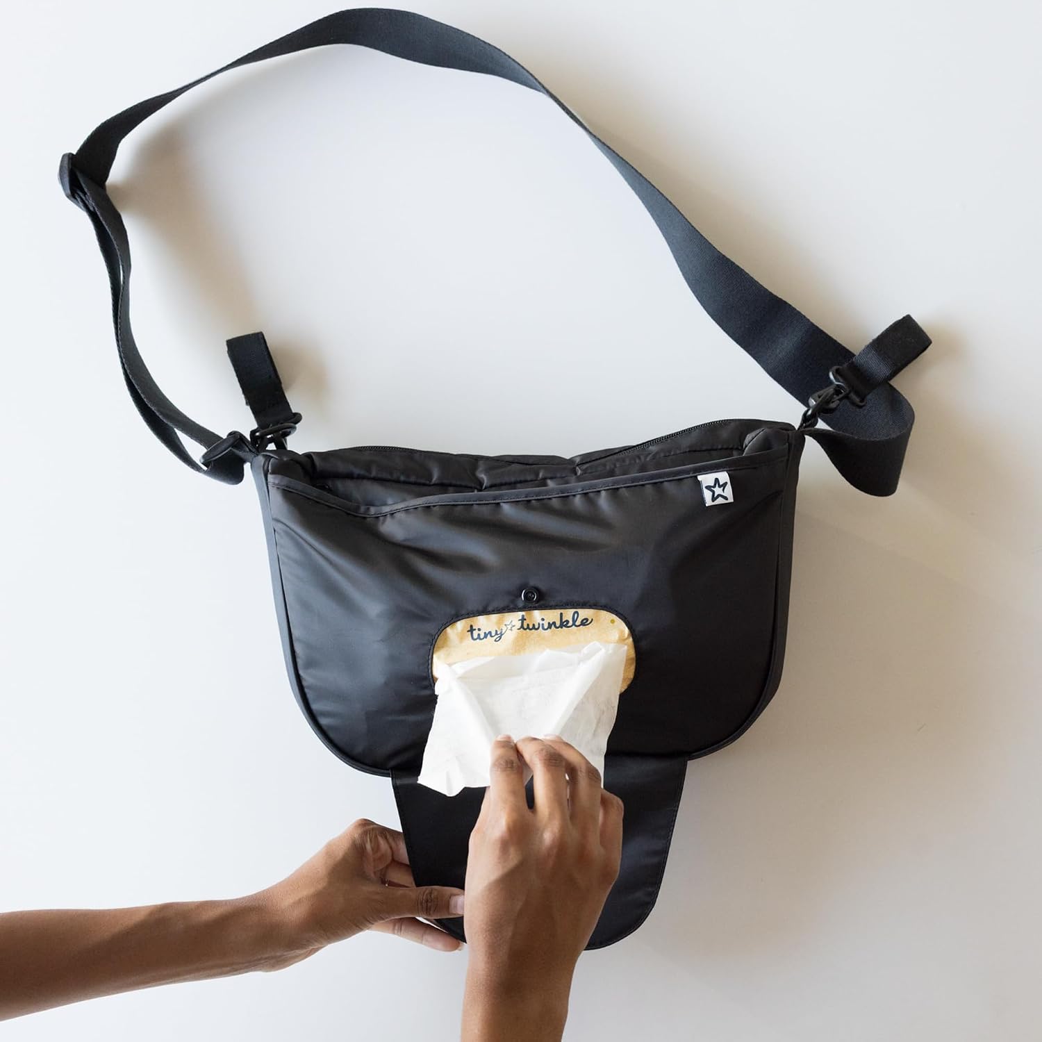 Tiny Twinkle Crossbody Diaper Bag with Portable Changing Pad | Easy Access Wipes Pocket with Multiple Compartments for Bottles, Diapers and Snacks | Waterproof and Easy to Clean (Black)