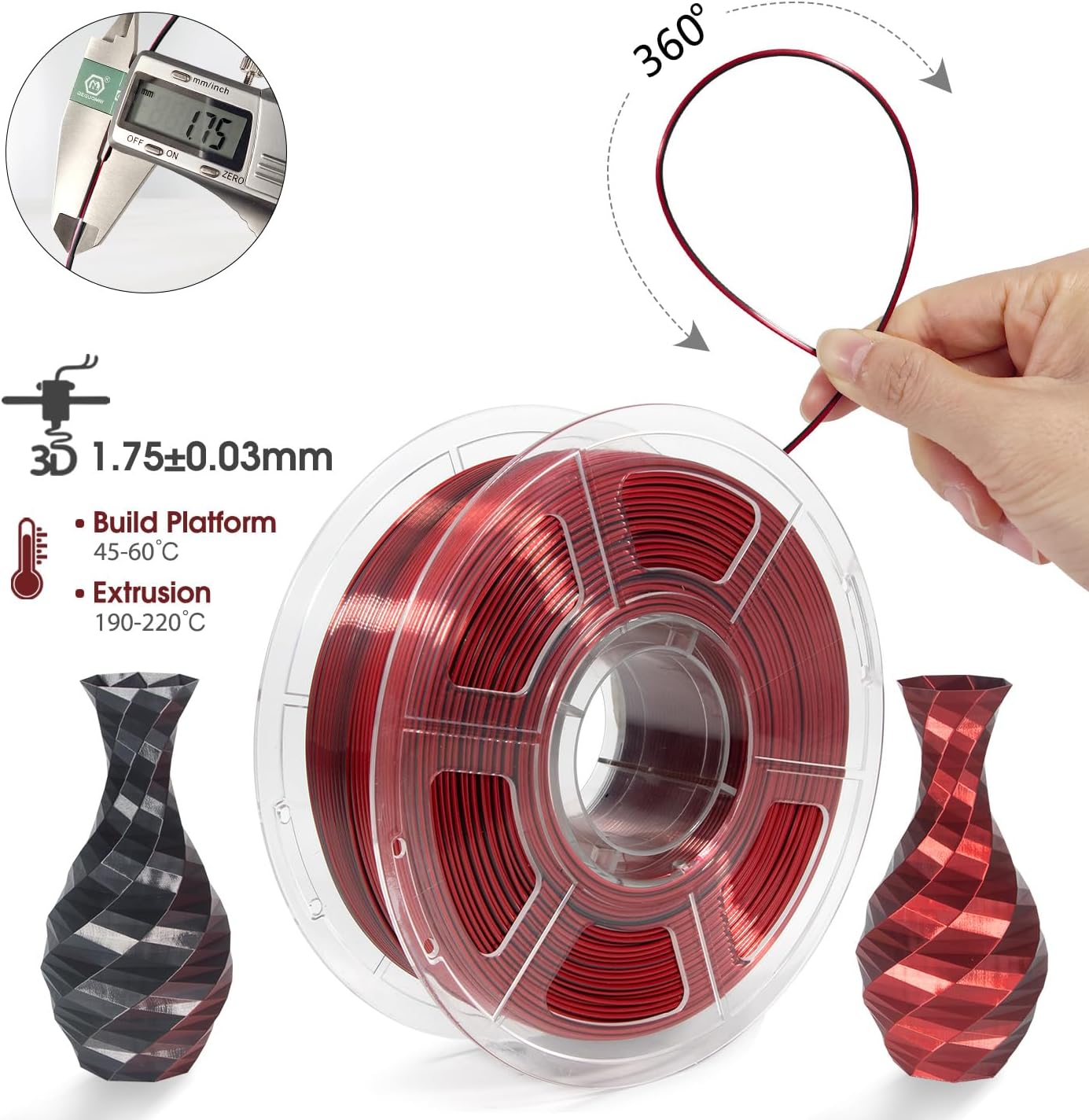 iSANMATE 3D Printer Filament, PLA Filament 1.75mm Silk PLA Red Black, Dual Color Filament Rainbow Filament, 1 kg Spool