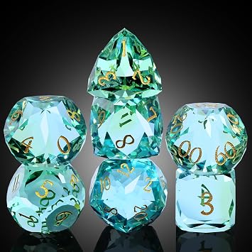 DNDND 7-Piece Glass Dice - Multifaceted Colorful DND Dice, Tabletop Gaming, Collectors | Premium Gift Box & Durable Design Green and Blue