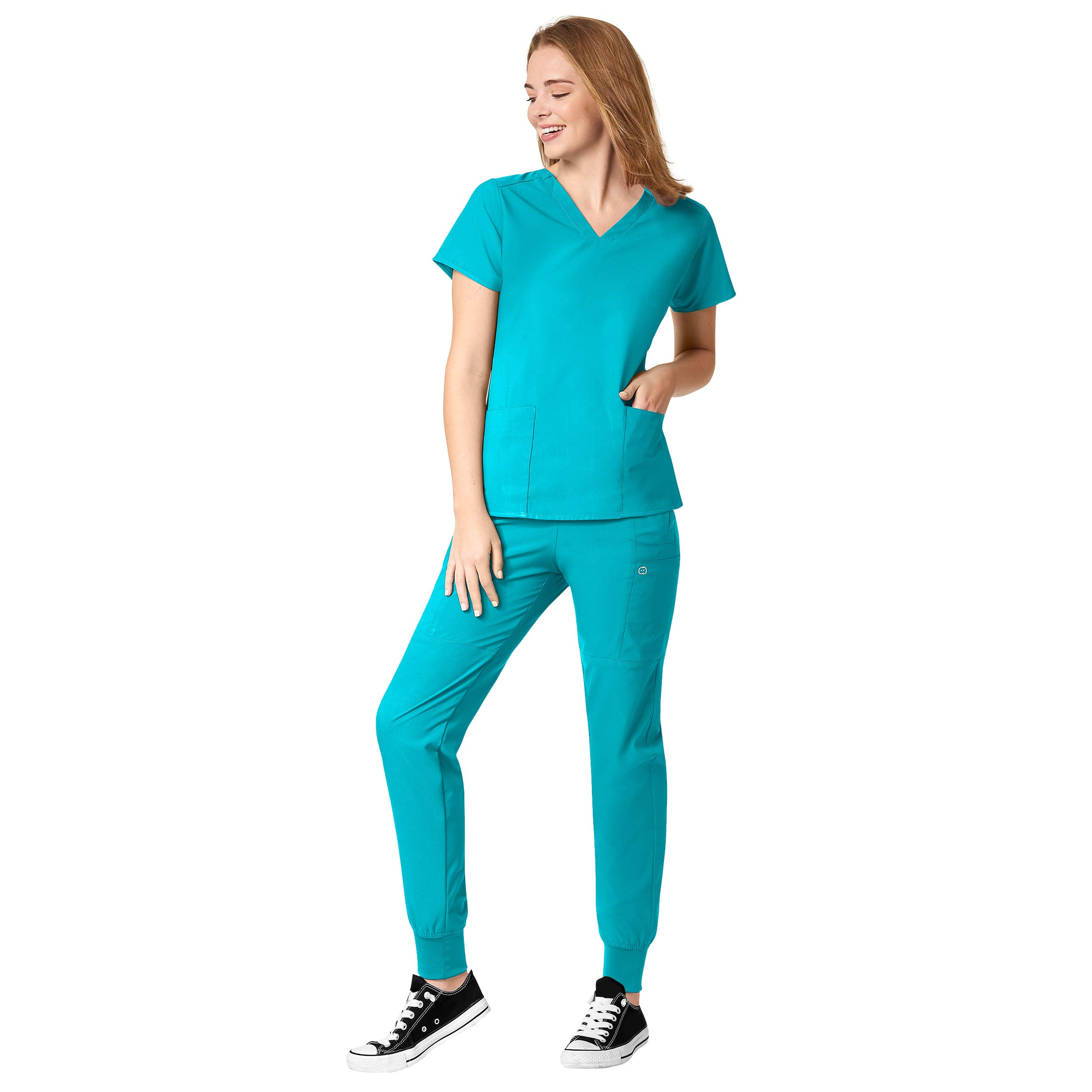 WonderWink W123 Women's Flex-Back Stylized V-Neck Top & Comfort Waist Cargo Jogger Pant Scrub Set + Badge Reel