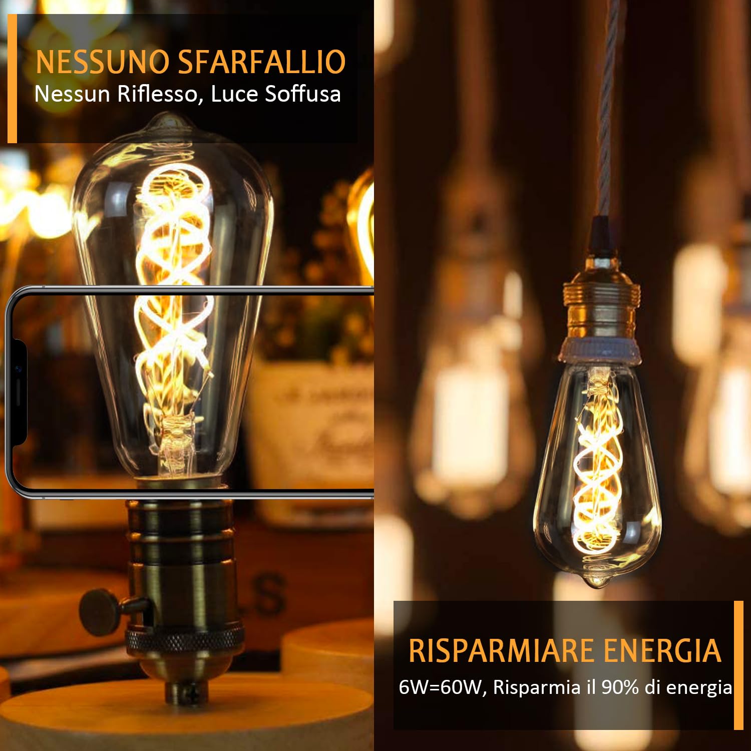 Lampadina Vintage E27, Lampadine e27 luce calda dimmerabile ST64 6W E27 Lampadina LED Edison Vintage ideale per l'illuminazione nostalgica e retrò nel bar di casa, vetro grigio - 6 pezzi(3PBT2)