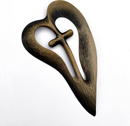 Vista 4 de Wooden Hand Cross, Handmade Wood Cross, Heart Design Cross, Wooden Carved Cross Wall Decor, Decorative Crosses for Wall Large and Small