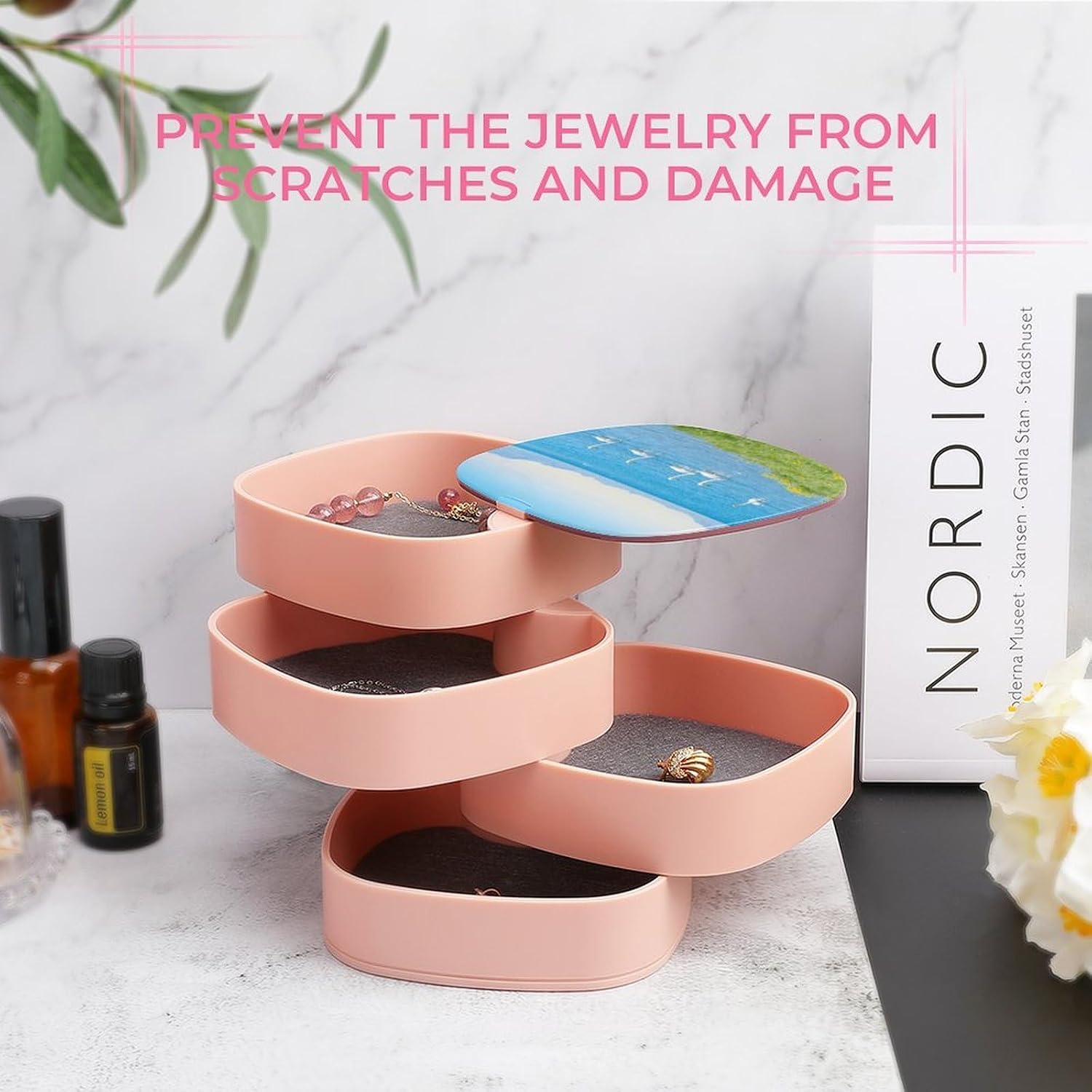 Landscape - Blue Jewelry Box 360° Rotatable Jewelry Organizer 4 Layers Jewelry Case with Lid Fashion Portable Earring Holder for Bracelets Rings Bracelets Vanity image 5