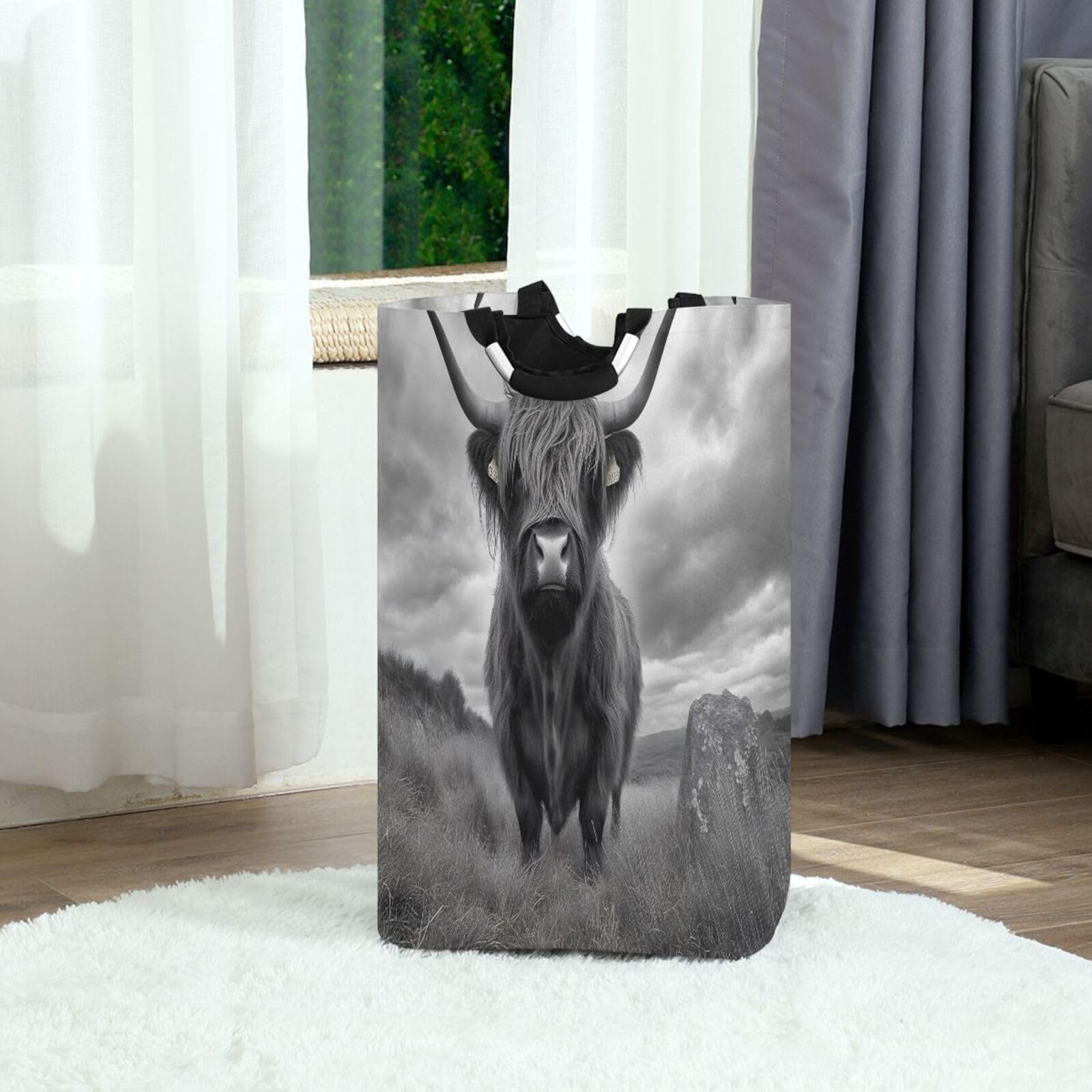 Jihqo Laundry Hamper Basket Highland Cow Gray Collapsible Nursery Storage Bin Waterproof Clothing Baskets for Home Bedroom Bathroom Washing Room