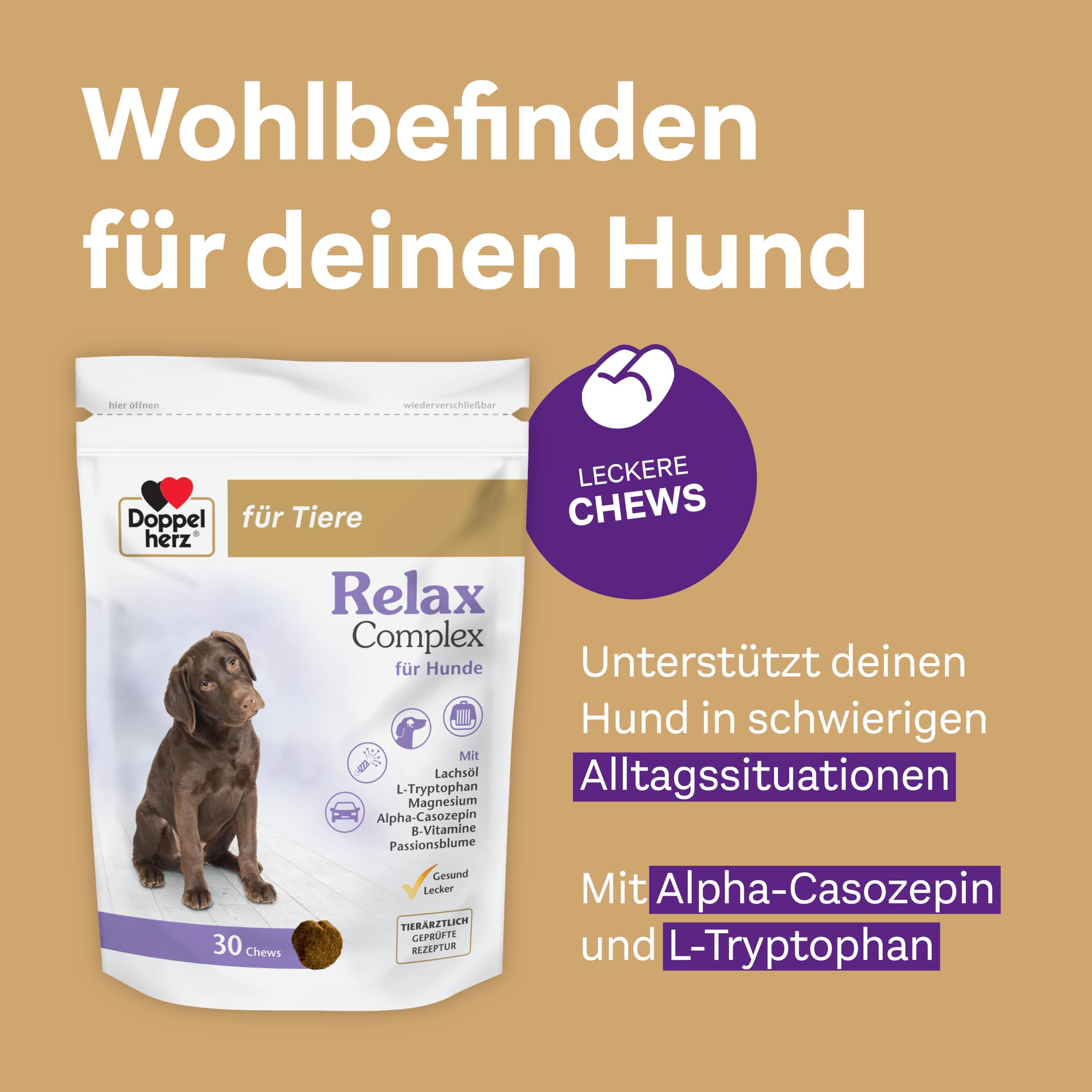 Doppelherz Relax Complex für Hunde - Mit Alpha-Casozepin, L-Tryptophan und Passionsblume - Unterstützung für das mentale Wohlbefinden - 60 Chews