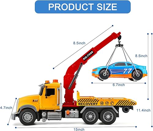 Miniatura 5 de Camión de remolque para niños con auto para niños de 4 a 7 años de edad, camión de remolque grande para niños de cama plana y grúa con sonidos y