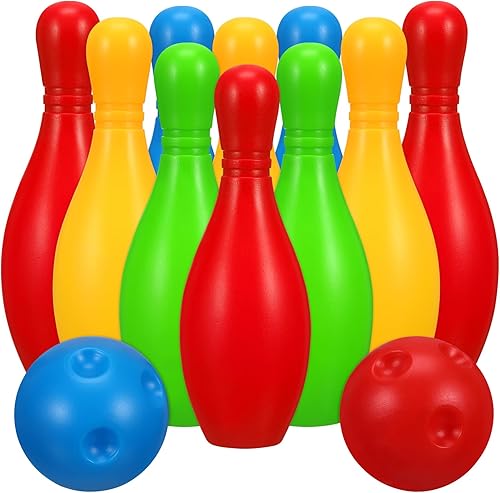 Kisangel 1 juego de bolos para niños incluye 10 pines y 2 bolas, juguete de bola de boliche de plástico para niños y niñas (botellas de 4.3in de