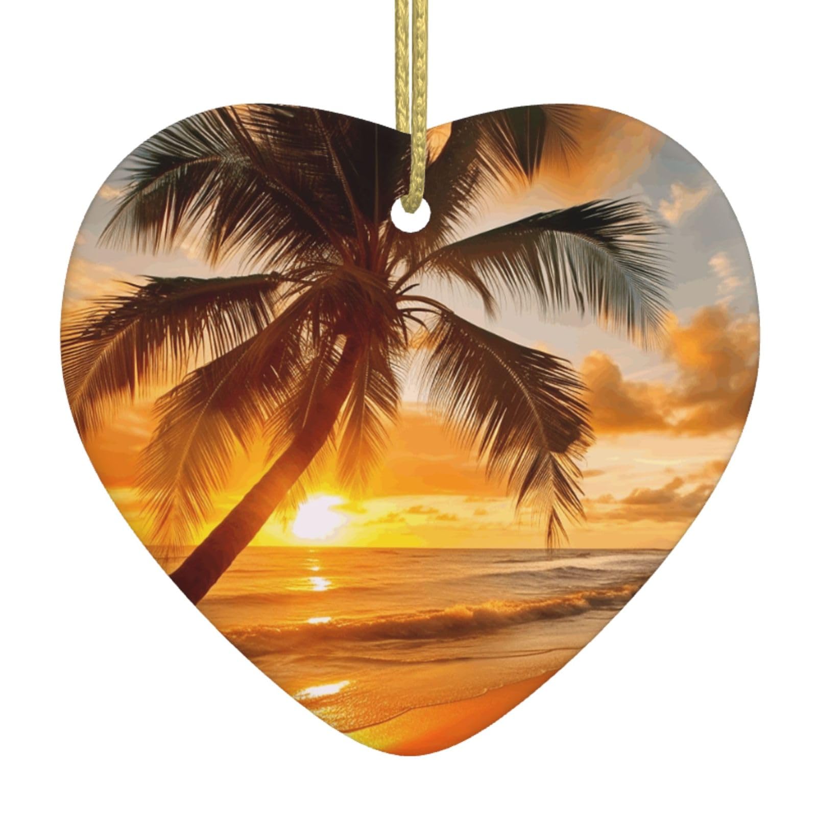 Ceramic Christmas Tree Hanging Ornaments with Gold Ropes Christmas Tree Decorations Heart Ceramic Tropical Beach Palm Tree Sunset Pendant Keepsake Decorations for Holiday Xmas Gift Ideas