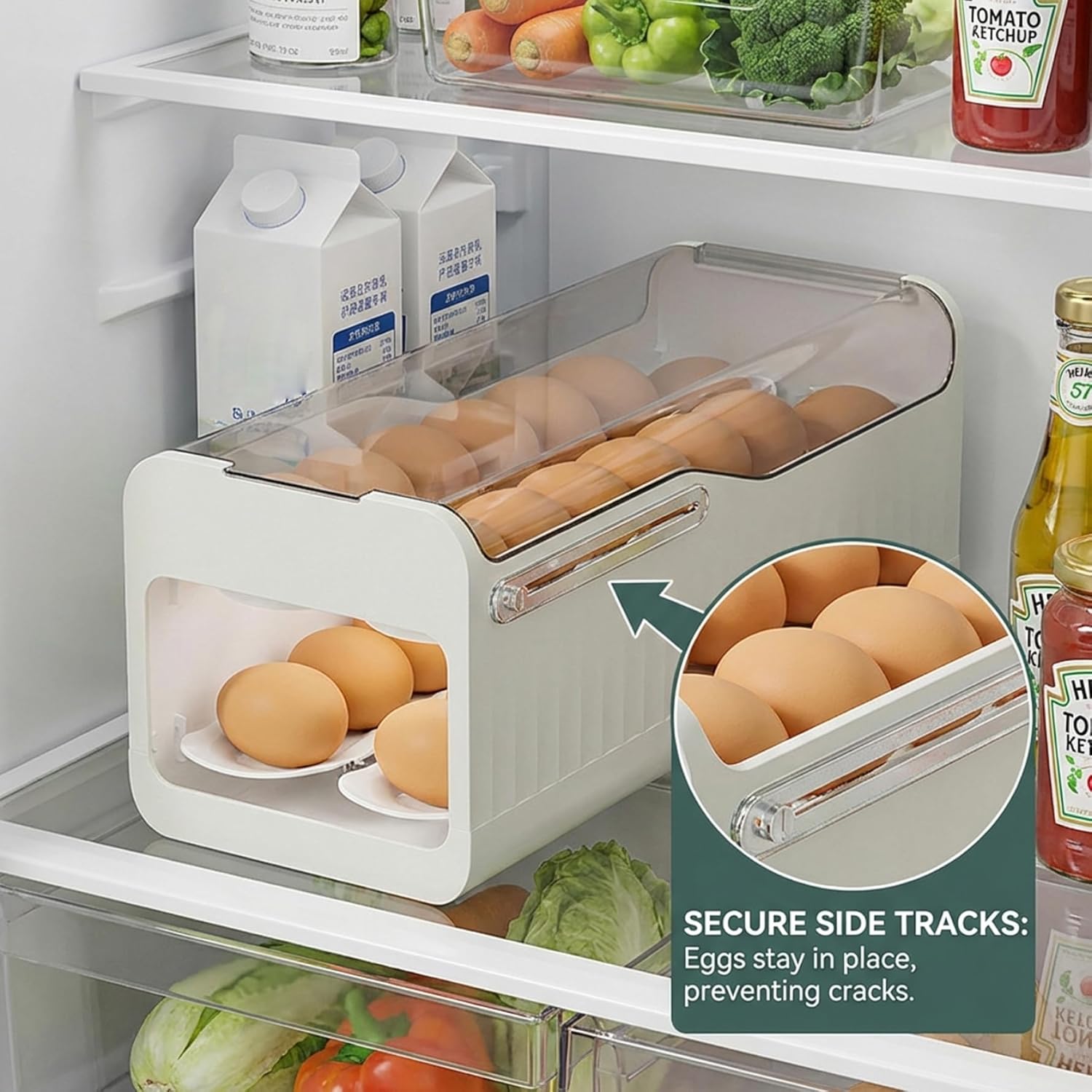 Egg Dispenser - Large Capacity Automatic Rolling Egg Holder for Fridge, Space Saving Fridge Eggs Organizer and Storage Container..