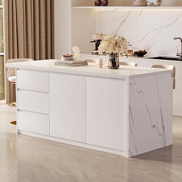 Homary Kitchen Island Unit with Marble-Effect Top   183cm White Freestanding Kitchen Island Cabinet with 3 Drawers, 8 Open Shelves & Breakfast Bar Seating White, 183cm