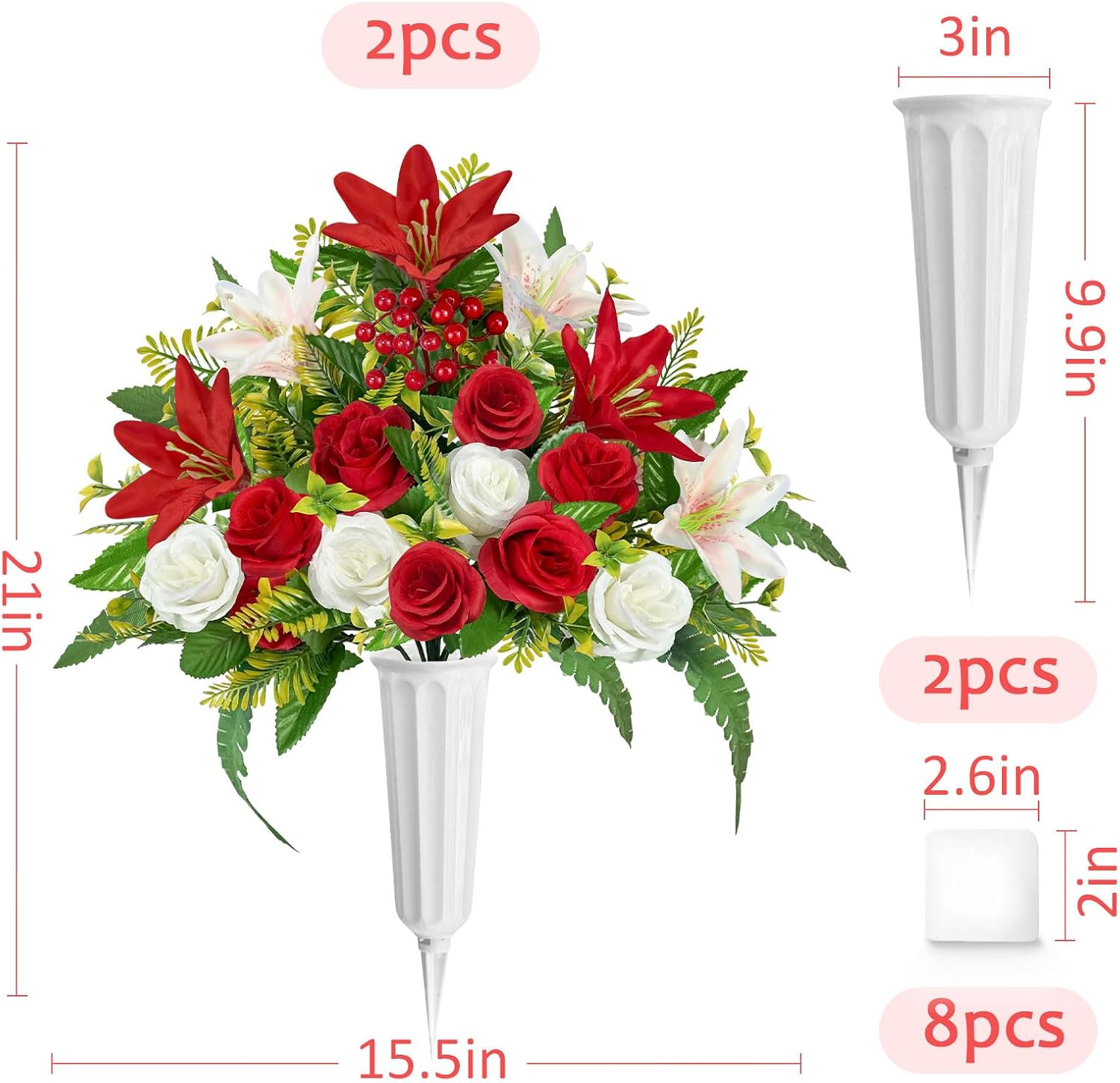 ICX Artificial Cemetery Flowers with Vase,2 Sets Artificial Rose Lily Grave Flowers for Cemetery,Memorial Day Flowers for Cemetery,Cemetery Flowers for Grave,Grave Decorations