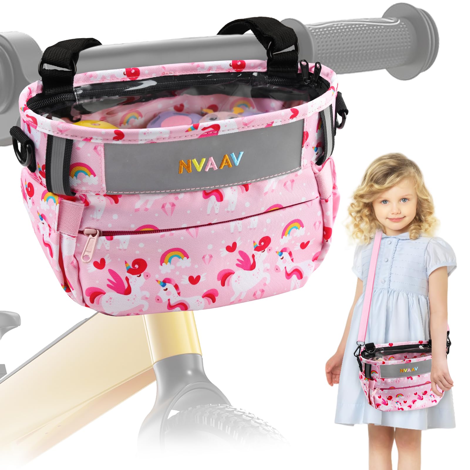 Kids Bike Basket Bag, Waterproof Bicycle Basket Pouch for Girls Boys 6-10, Children's Front Handlebar Bag with Reflective Safety Strap & Detachable Shoulder Strip, Fit Toddlers Bikes Tricycle Scooter Pink Unicorn