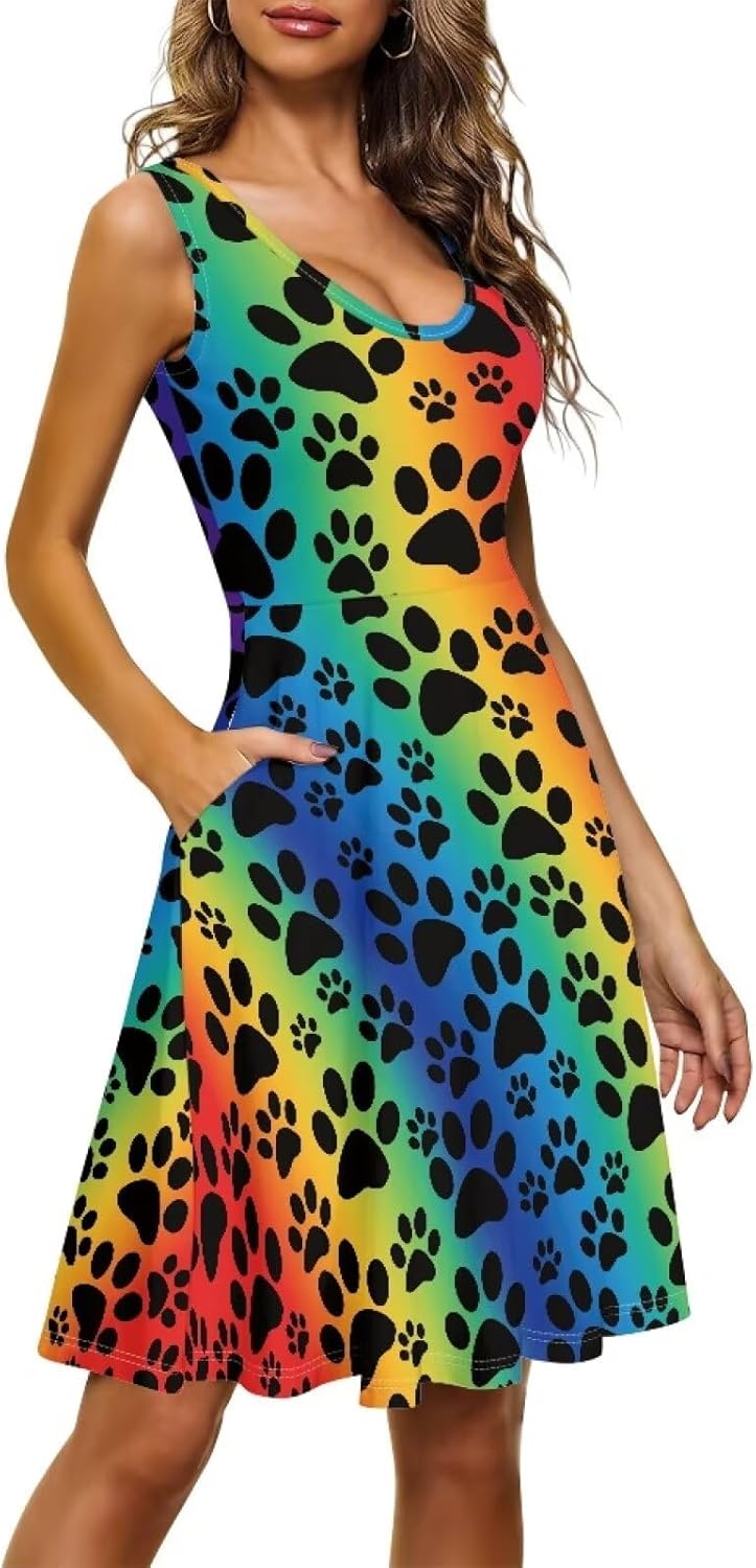 TOADDITDO Women Tank Top Dress Sleeveless Sundress Plus Size Athletic Activewear Knee Length Sundress with 2 Side Pockets