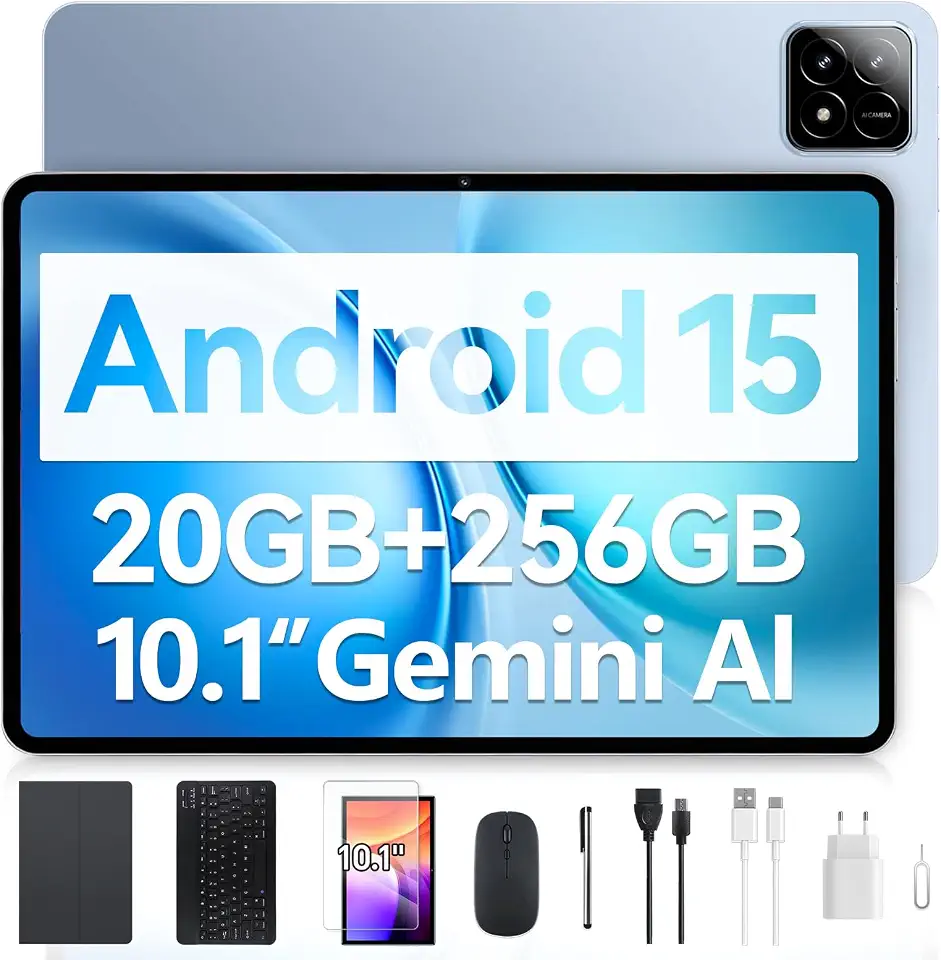 Tablet Xixaomiro S11 Pad 10.1" Android 15, 256GB ROM + 20GB RAM, Tela 120Hz, Octa-Core, Câmera 13MP + 5MP, Bateria 8000mAh, Kit com Teclado, Mouse e Caneta Stylus para Trabalho e Estudos (Azul)