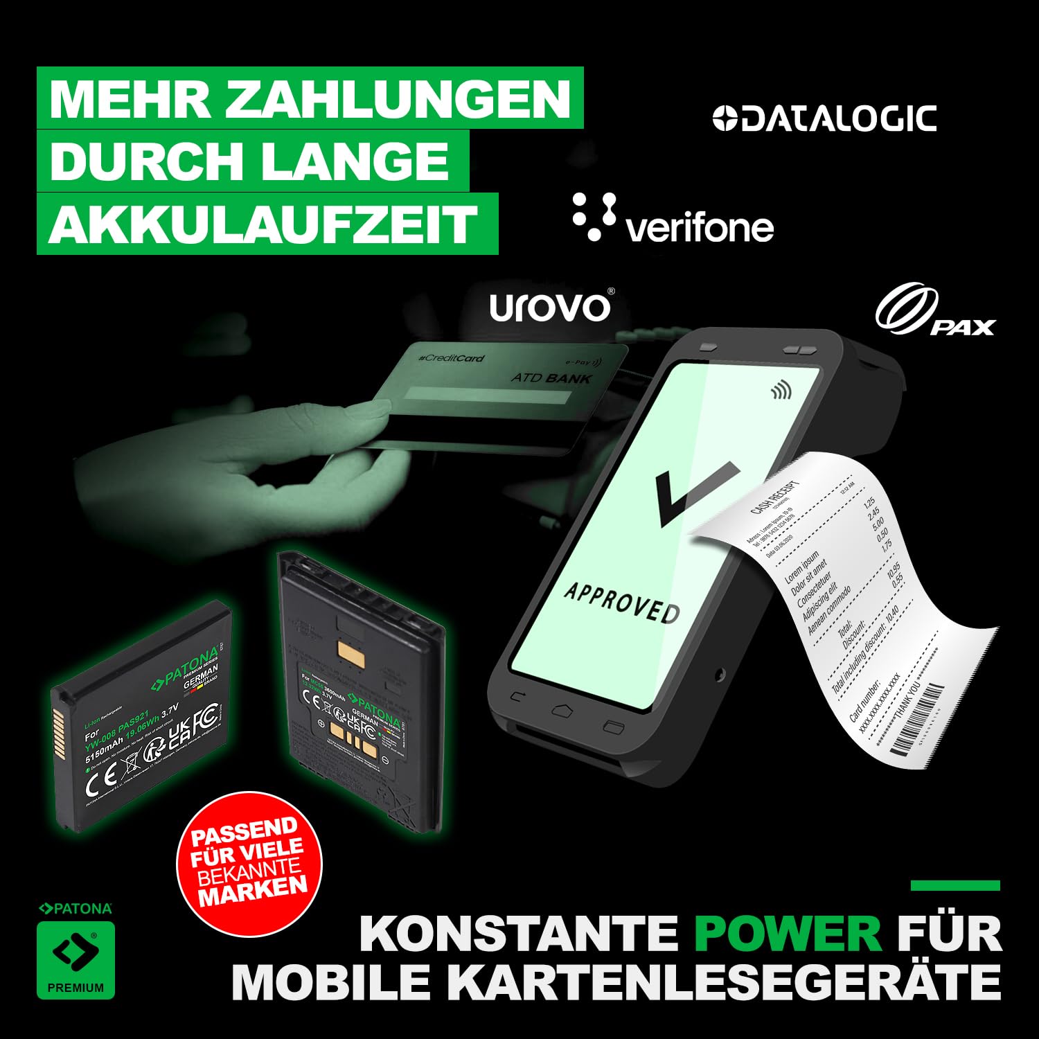 PATONA Batteria Premium per Zebra QLN420, ZQ630, ricambio per simbolo Zebra P1040687/P1050667-016, 7,4 V, 5200 mAh, agli ioni di litio, scanner manuale con codice a barre, di alta qualità o seconda