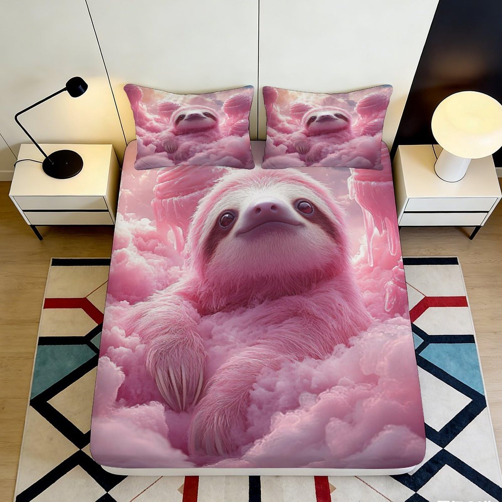 3D Printed Lazy Sloth Fitted Sheet Microfiber Deep Pocket Non-Slip Bedroom Bedding Sloth Mattress Fitted Cover for Adults 180x200x25cm