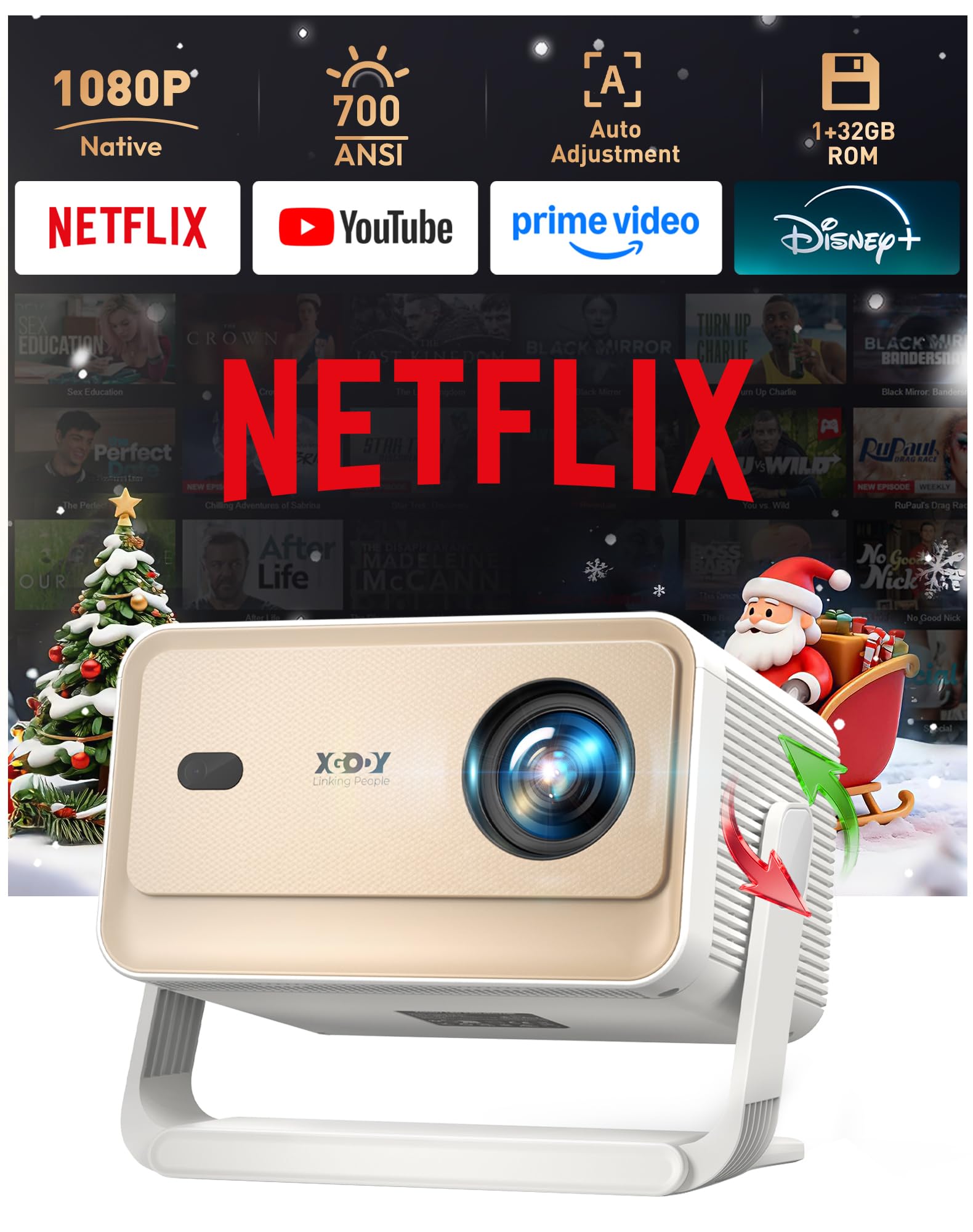 Xgody N6 Pro Vidéoprojecteur Compatible avec Netflix – 1080P Natif (Compatible 4K), 700 ANSI, Autofocus, Correction Trapézoïdale Auto, Commande Vocale, WiFi 6, Bluetooth, Cinéma Extérieur, Home Cinéma