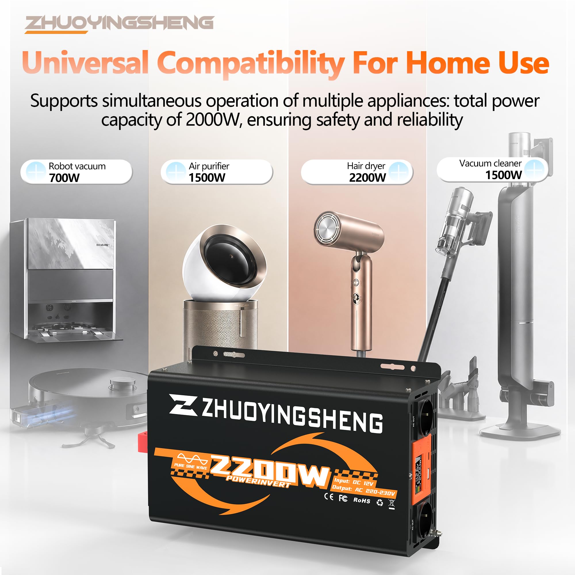 ZYS 2200W Convertisseur 12v 220v Pur Sinus ，Transformateur，Onduleur Pur Sinus，avec télécommande，LCD，2 Prises EU，1Ports USB，1 Interface PD30W Type-C，per Camions，VéHicules， Camping