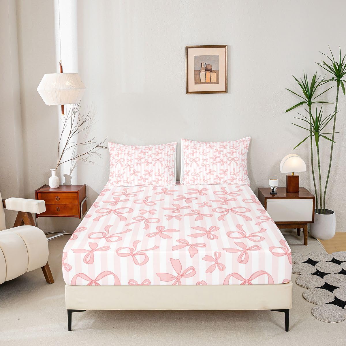 Juego de sábanas bajeras de 3 piezas con diseño de camafeo con lazo, color marrón, tamaño King (no plana), suave y suave, decoración de habitación de niñas y adultos, funda de cama romántica con rayas